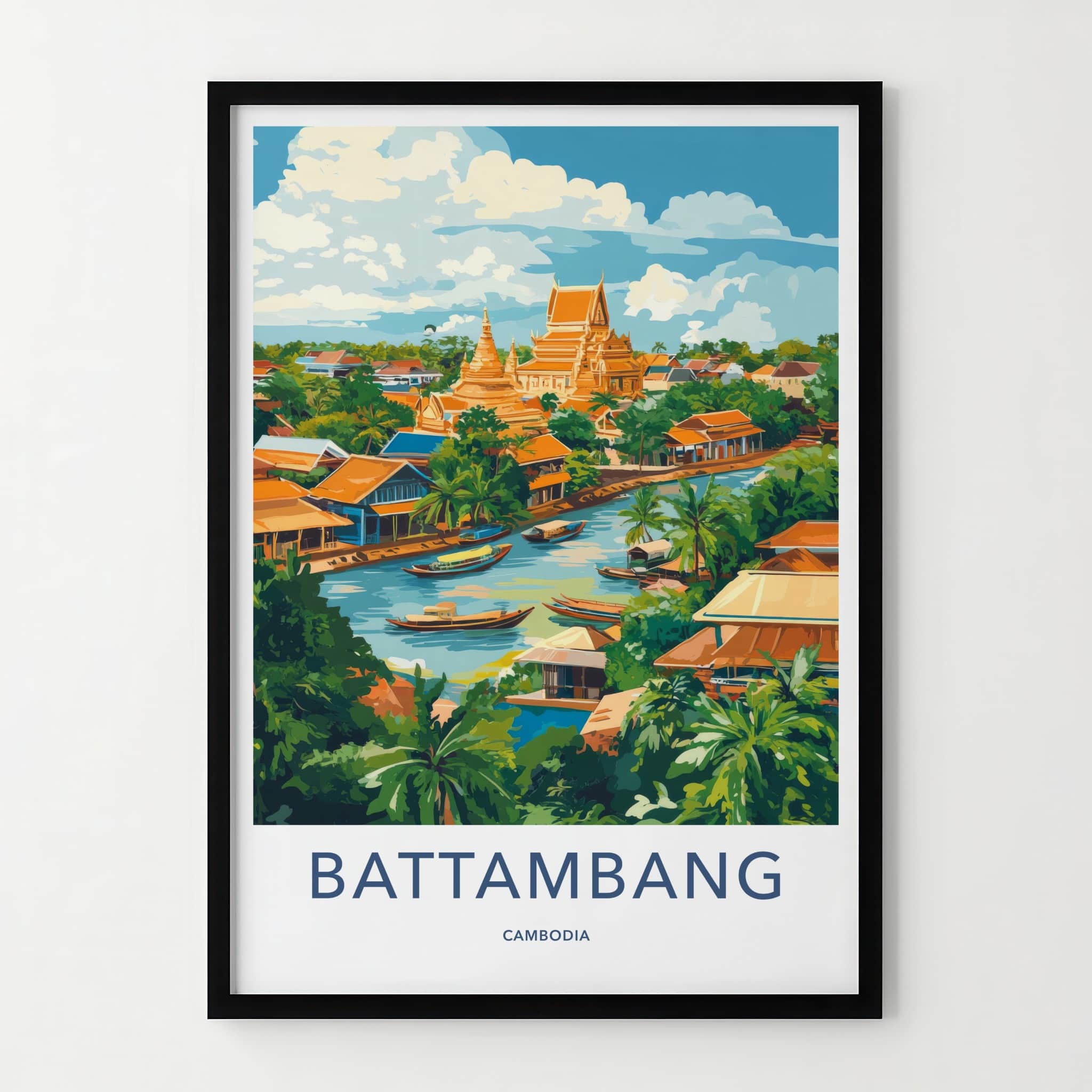 Battambang Poster - Cambodia Travel Art - Riverfront Temple Boats Home Decor