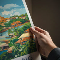 Battambang Poster - Cambodia Travel Art - Riverfront Temple Boats Home Decor
