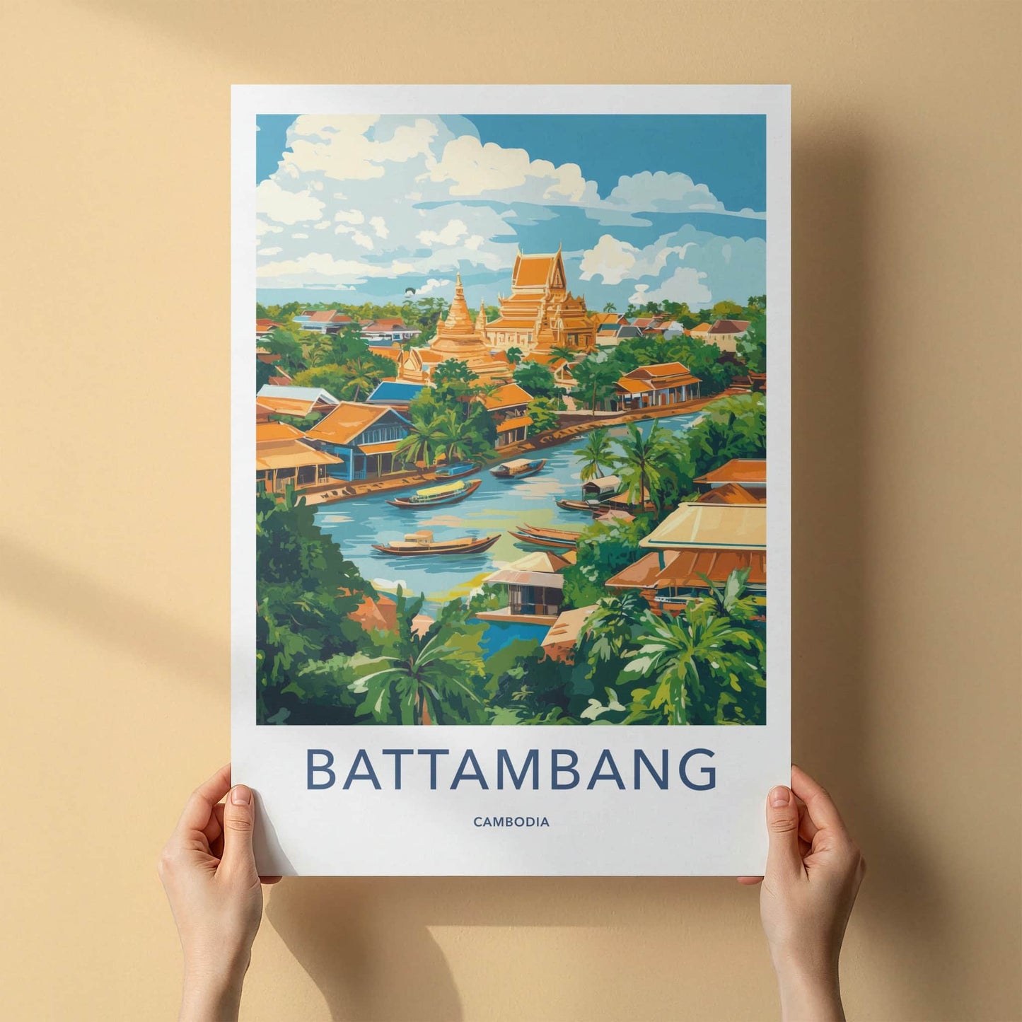 Battambang Poster - Cambodia Travel Art - Riverfront Temple Boats Home Decor