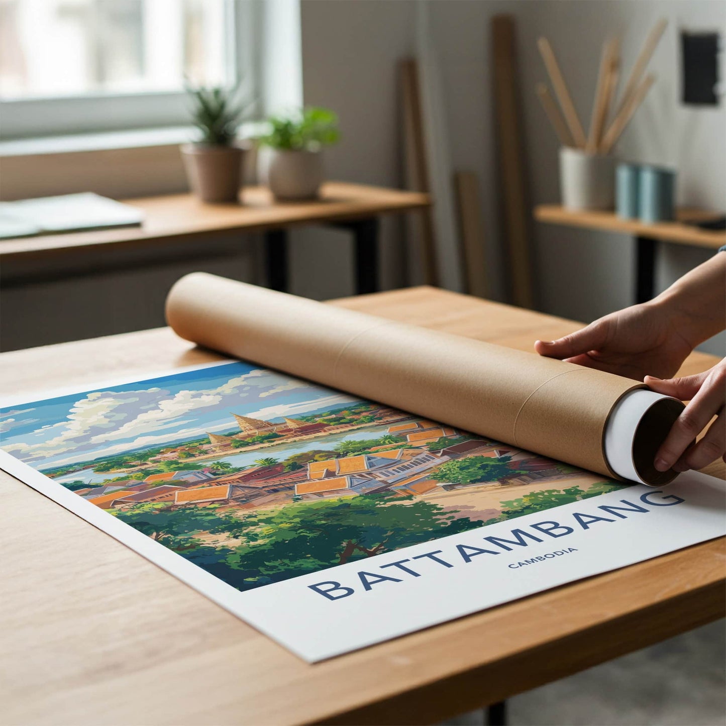 Battambang Poster - Cambodia Travel Art - Riverside Temple Town Home Decor