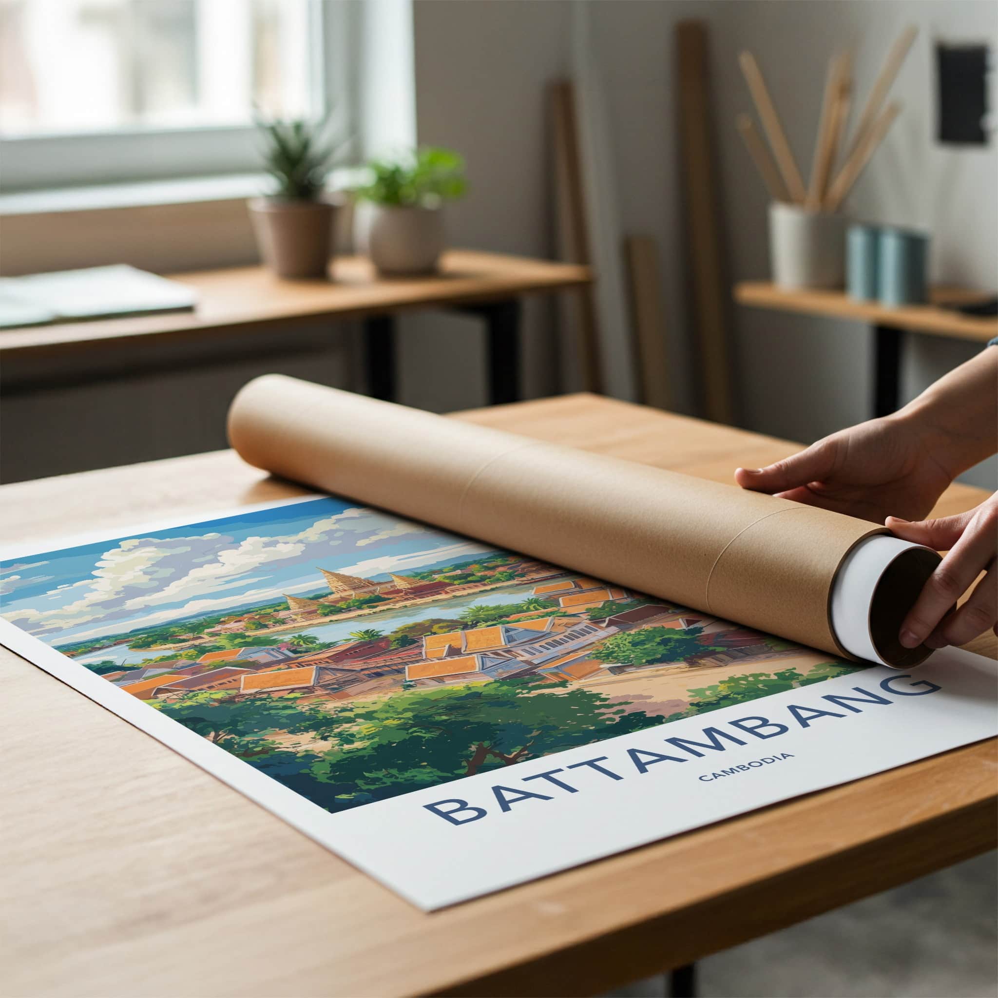 Battambang Poster - Cambodia Travel Art - Riverside Temple Town Home Decor