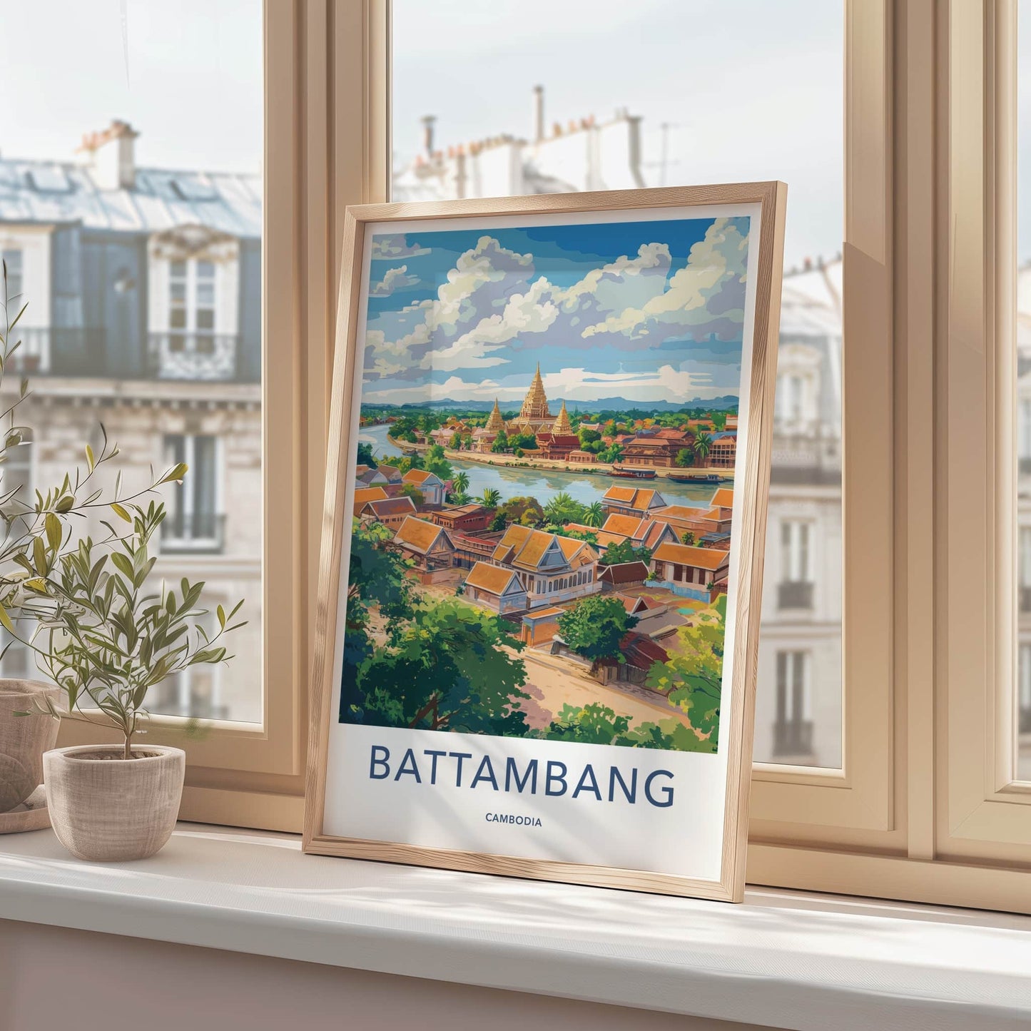 Battambang Poster - Cambodia Travel Art - Riverside Temple Town Home Decor