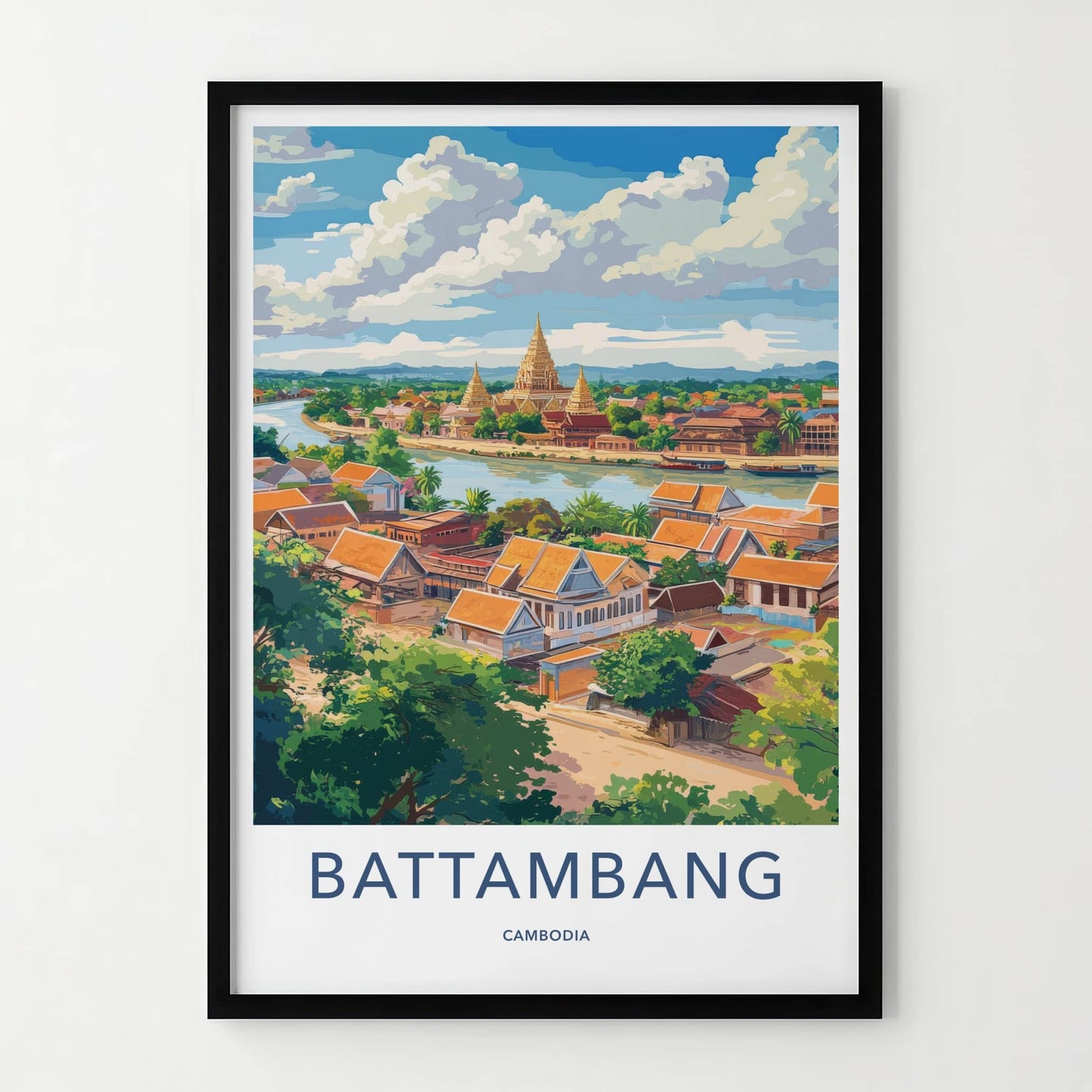 Battambang Poster - Cambodia Travel Art - Riverside Temple Town Home Decor