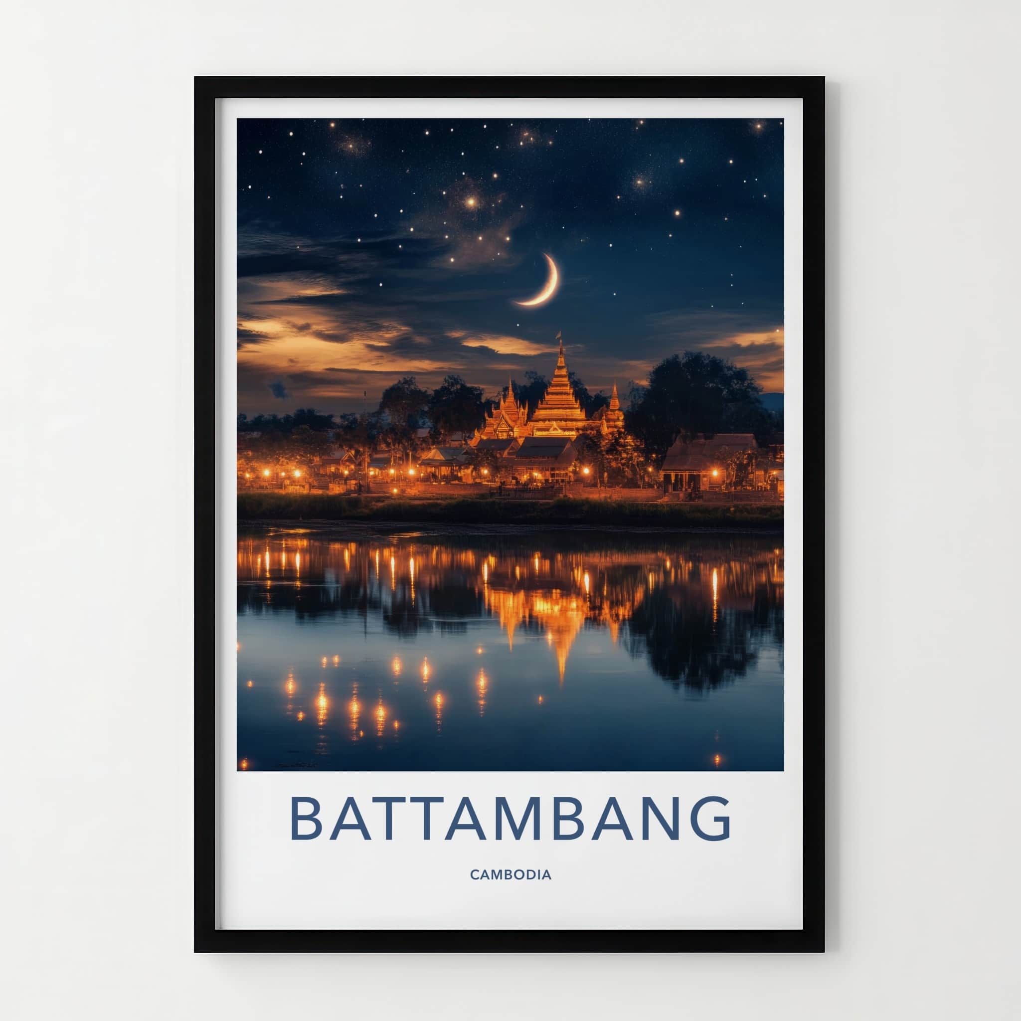Battambang Poster - Cambodia Travel Art - Temple Night Sky Wall Decor