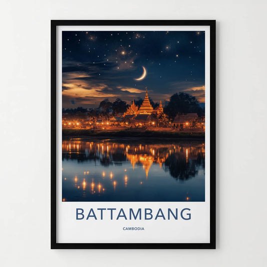 Battambang Poster - Cambodia Travel Art - Temple Night Sky Wall Decor