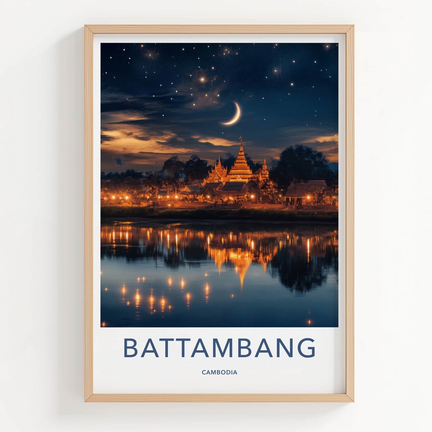 Battambang Poster - Cambodia Travel Art - Temple Night Sky Wall Decor