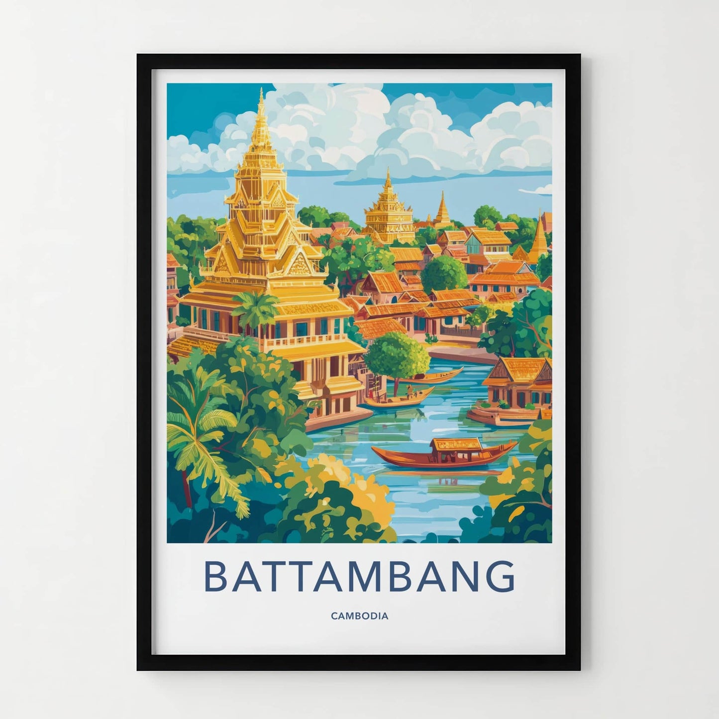 Battambang Poster - Cambodia Wall Art - Golden Temples River Home Decor