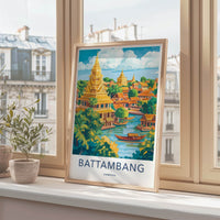 Battambang Poster - Cambodia Wall Art - Golden Temples River Home Decor