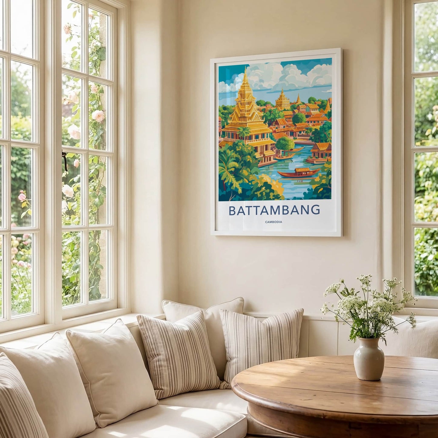 Battambang Poster - Cambodia Wall Art - Golden Temples River Home Decor