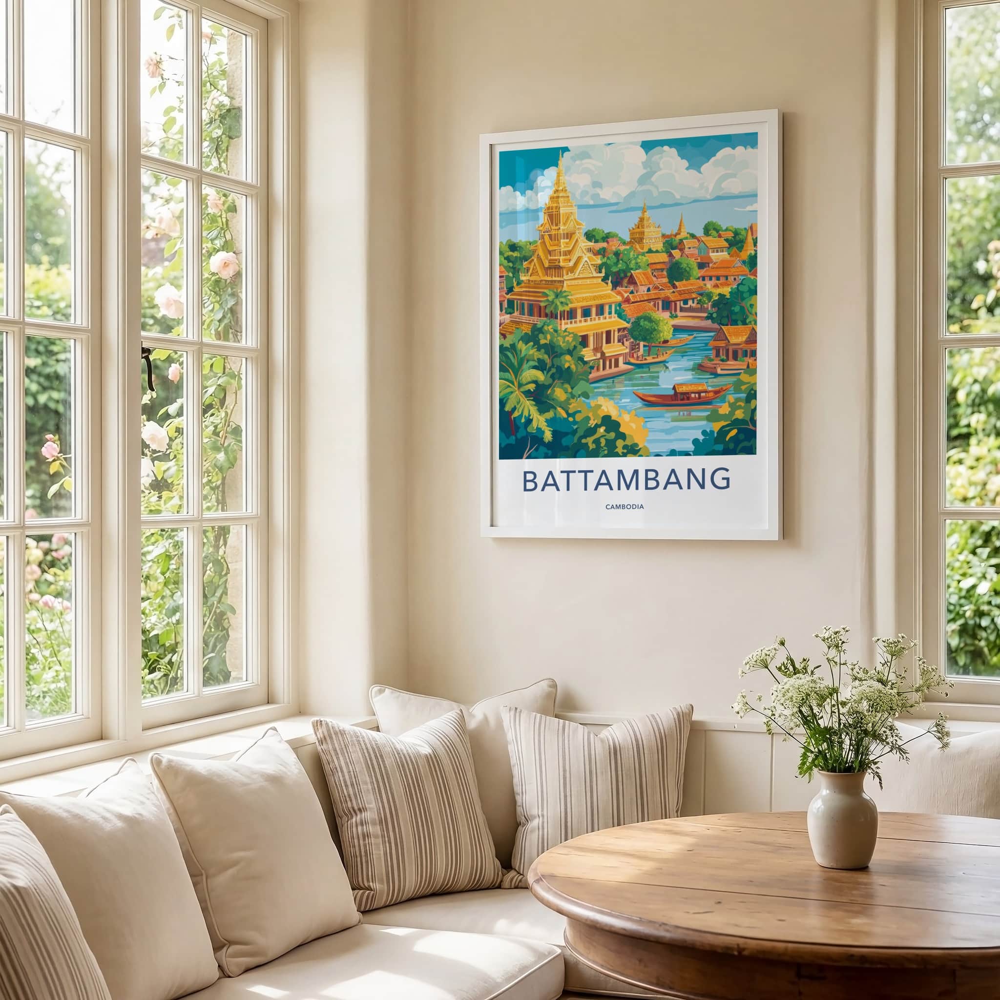 Battambang Poster - Cambodia Wall Art - Golden Temples River Home Decor