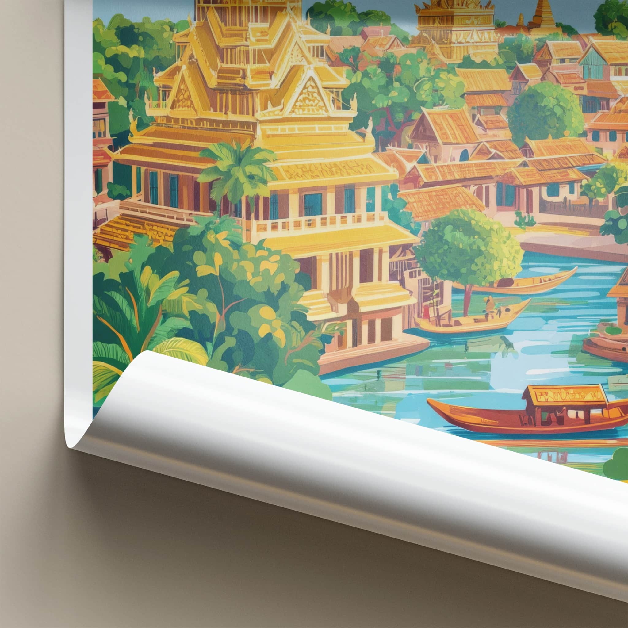 Battambang Poster - Cambodia Wall Art - Golden Temples River Home Decor