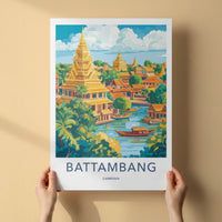 Battambang Poster - Cambodia Wall Art - Golden Temples River Home Decor