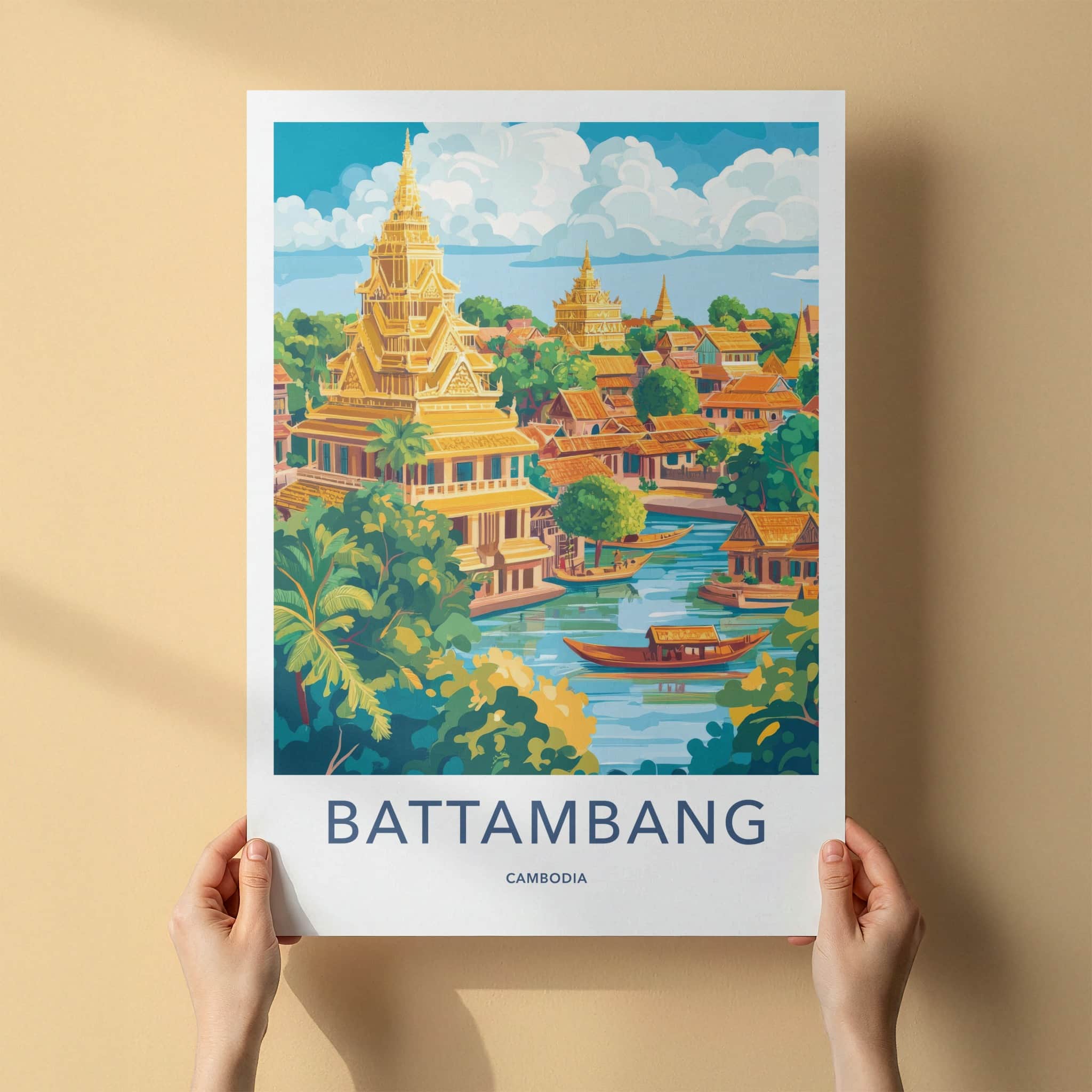 Battambang Poster - Cambodia Wall Art - Golden Temples River Home Decor