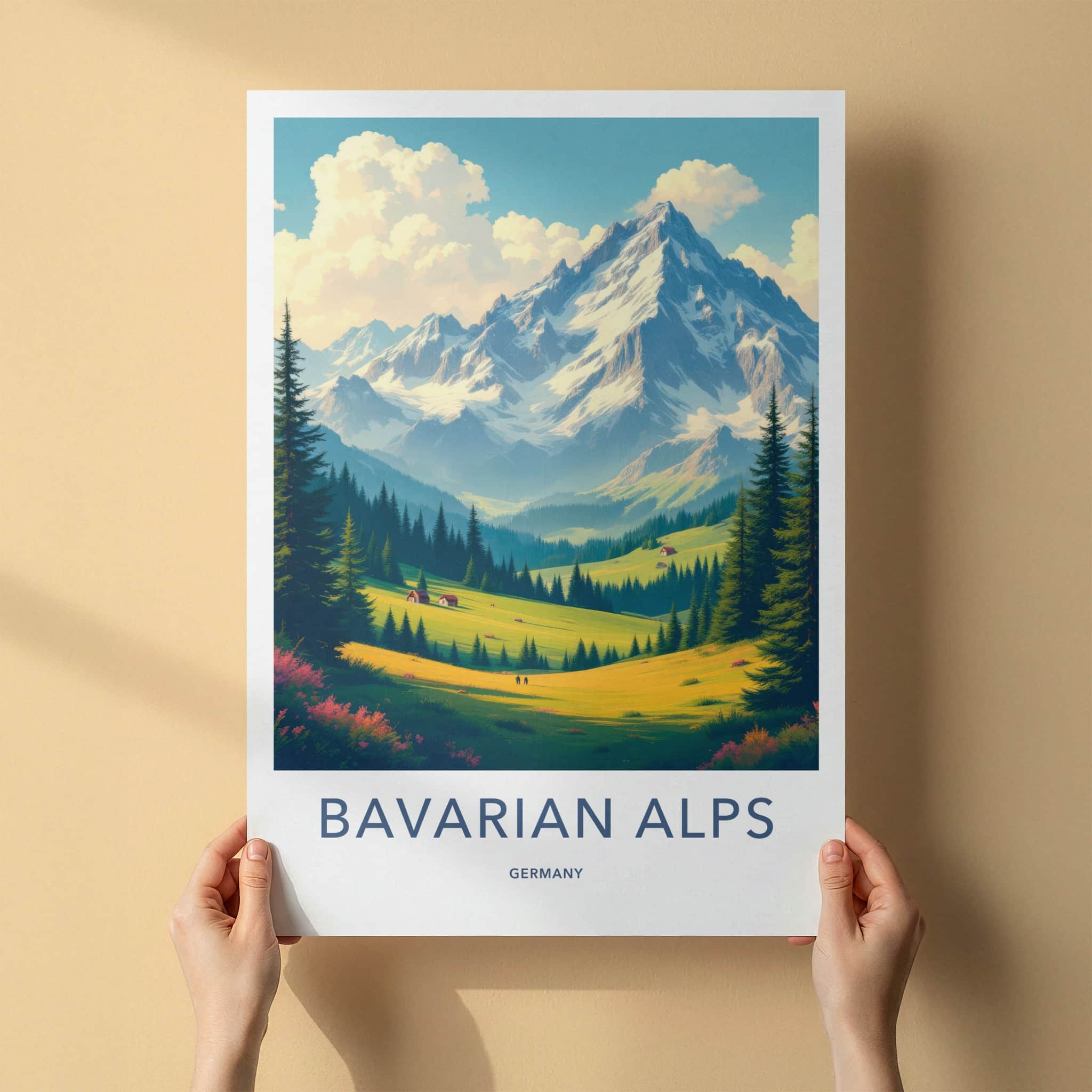 Bavarian Alps Poster - Germany Travel Art - Mountain Valley Houses Wall Decor