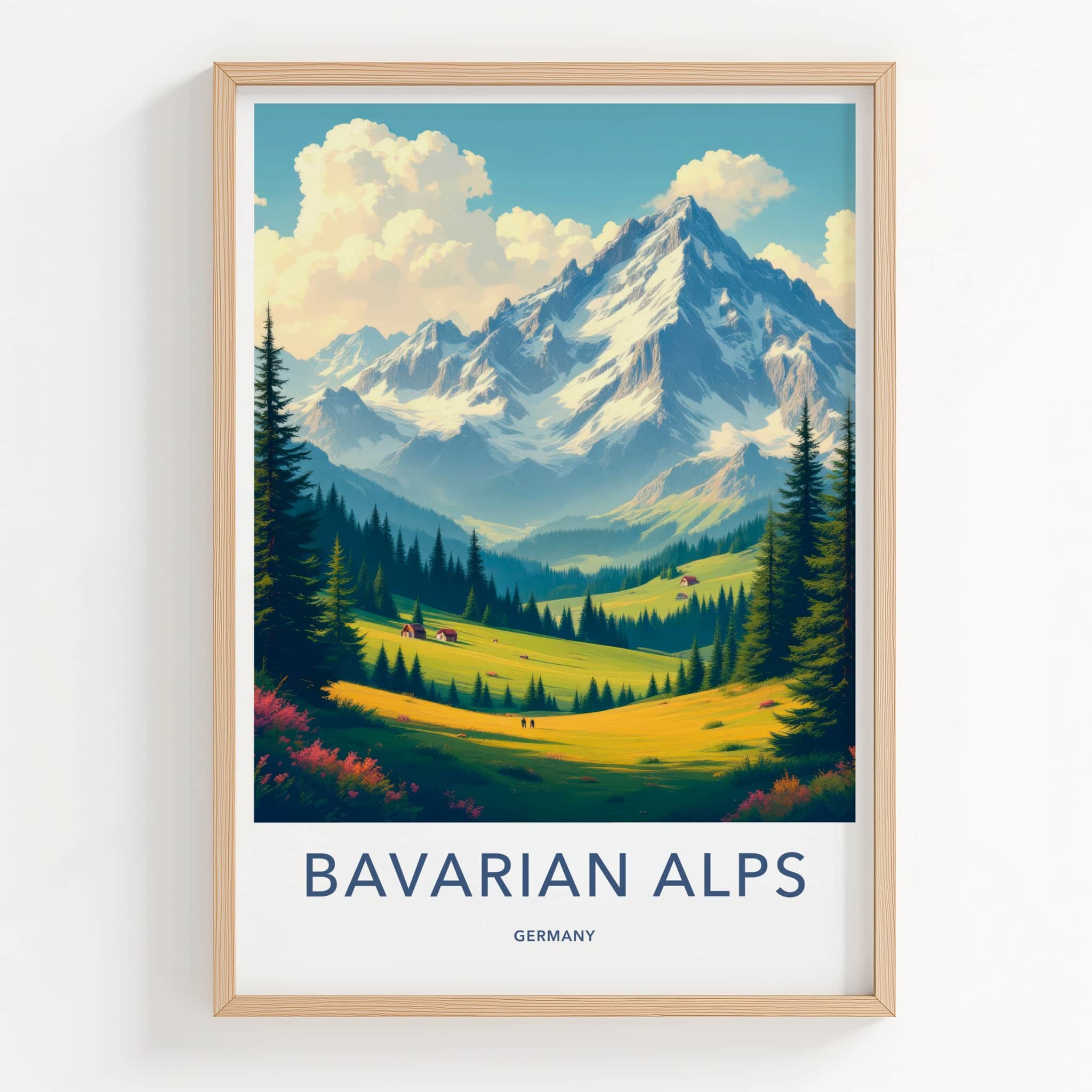 Bavarian Alps Poster - Germany Travel Art - Mountain Valley Houses Wall Decor