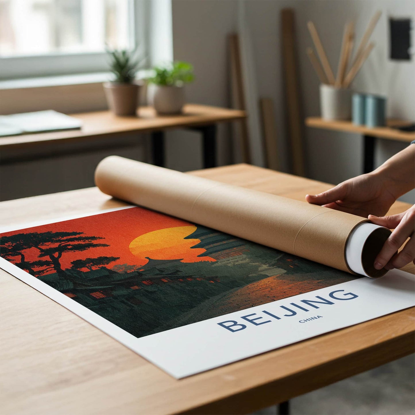 Beijing Poster - China Travel Art - Temple Sunset Path Home Decor