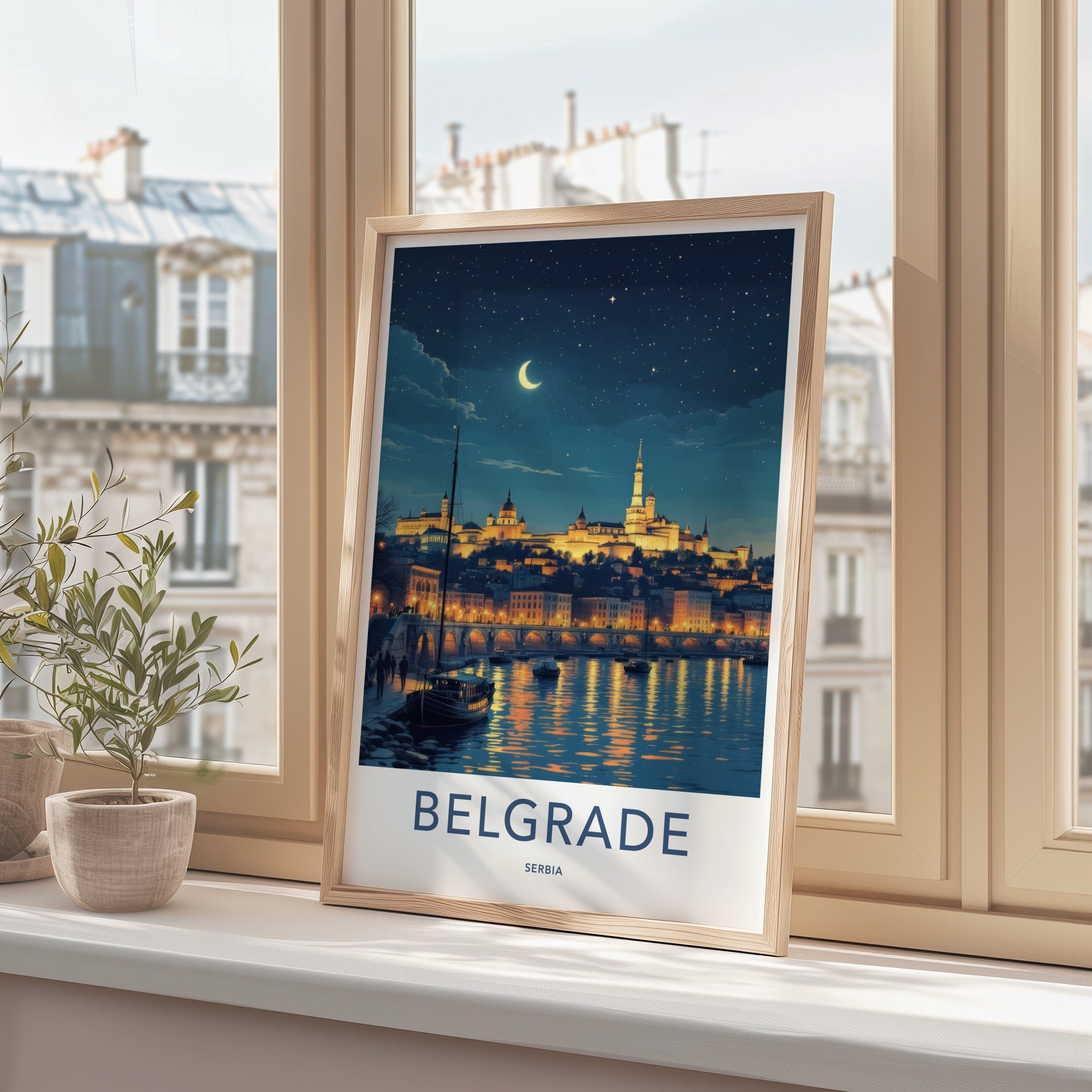 Belgrade Poster - Serbia Framed Print - Moonlit City River Lounge Decor