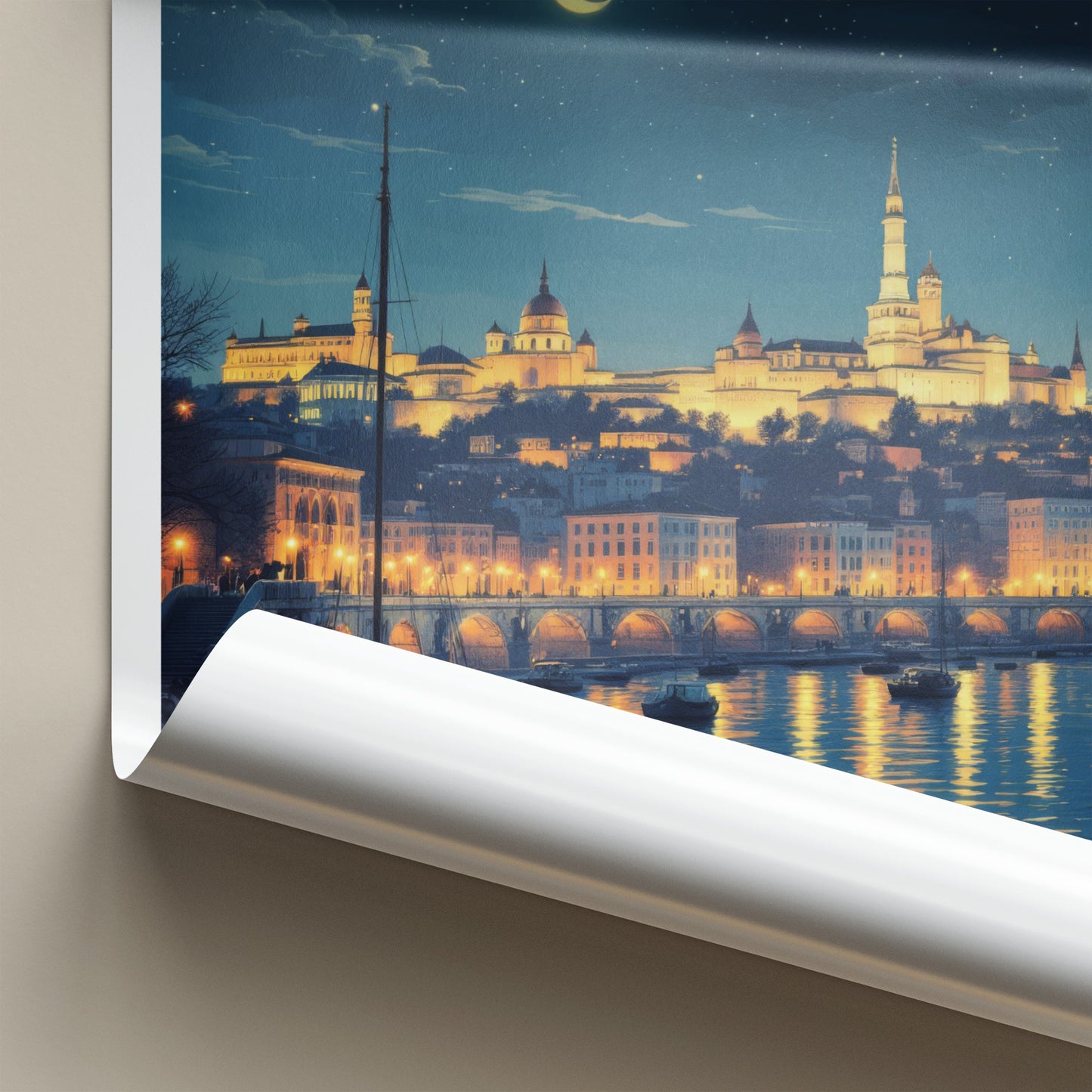 Belgrade Poster - Serbia Framed Print - Moonlit City River Lounge Decor