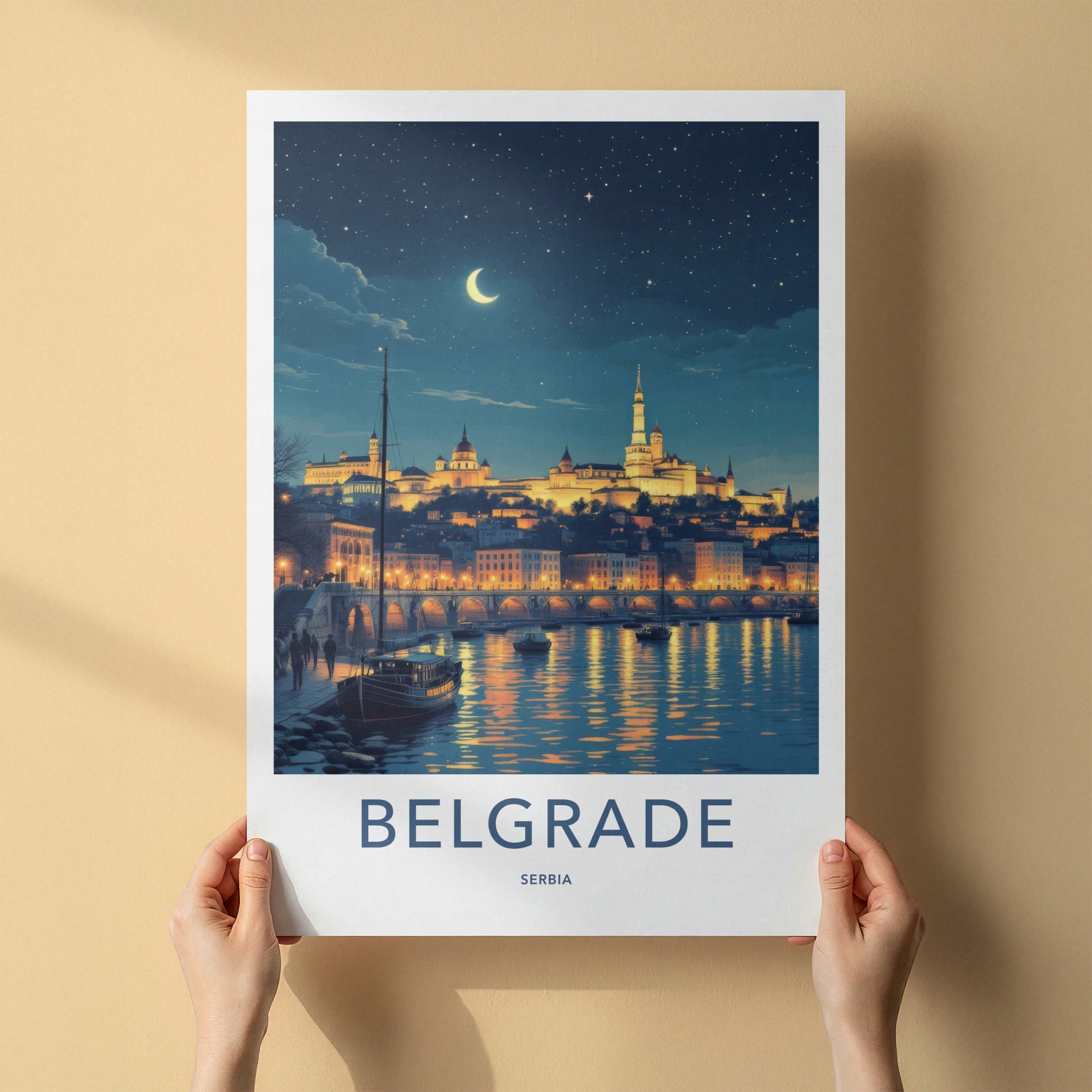 Belgrade Poster - Serbia Framed Print - Moonlit City River Lounge Decor