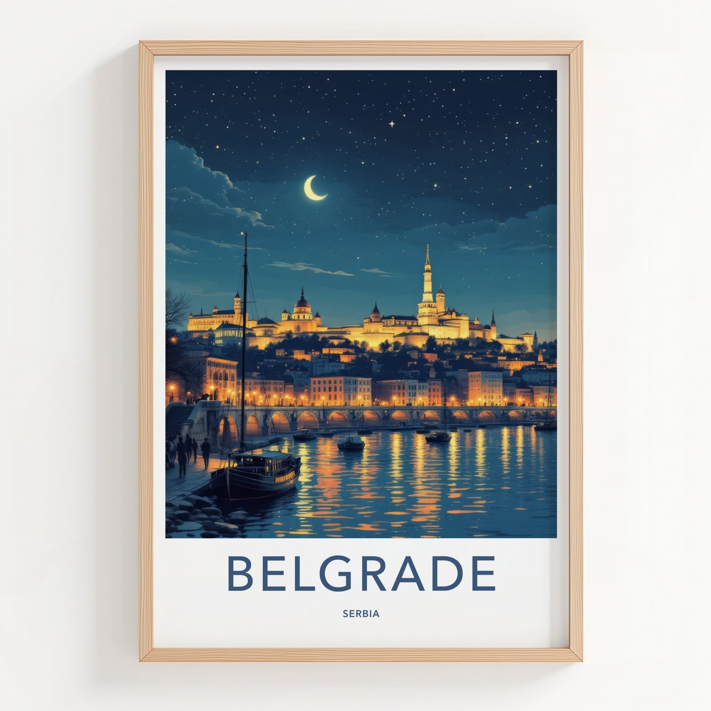 Belgrade Poster - Serbia Framed Print - Moonlit City River Lounge Decor