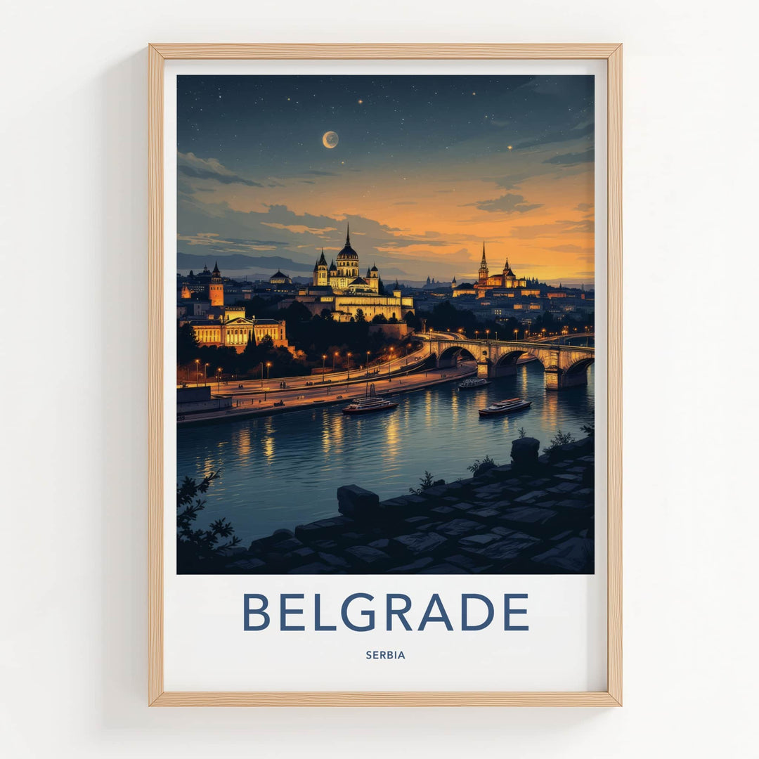 Belgrade Poster - Serbia Travel Art - Moonlit River City Wall Decor
