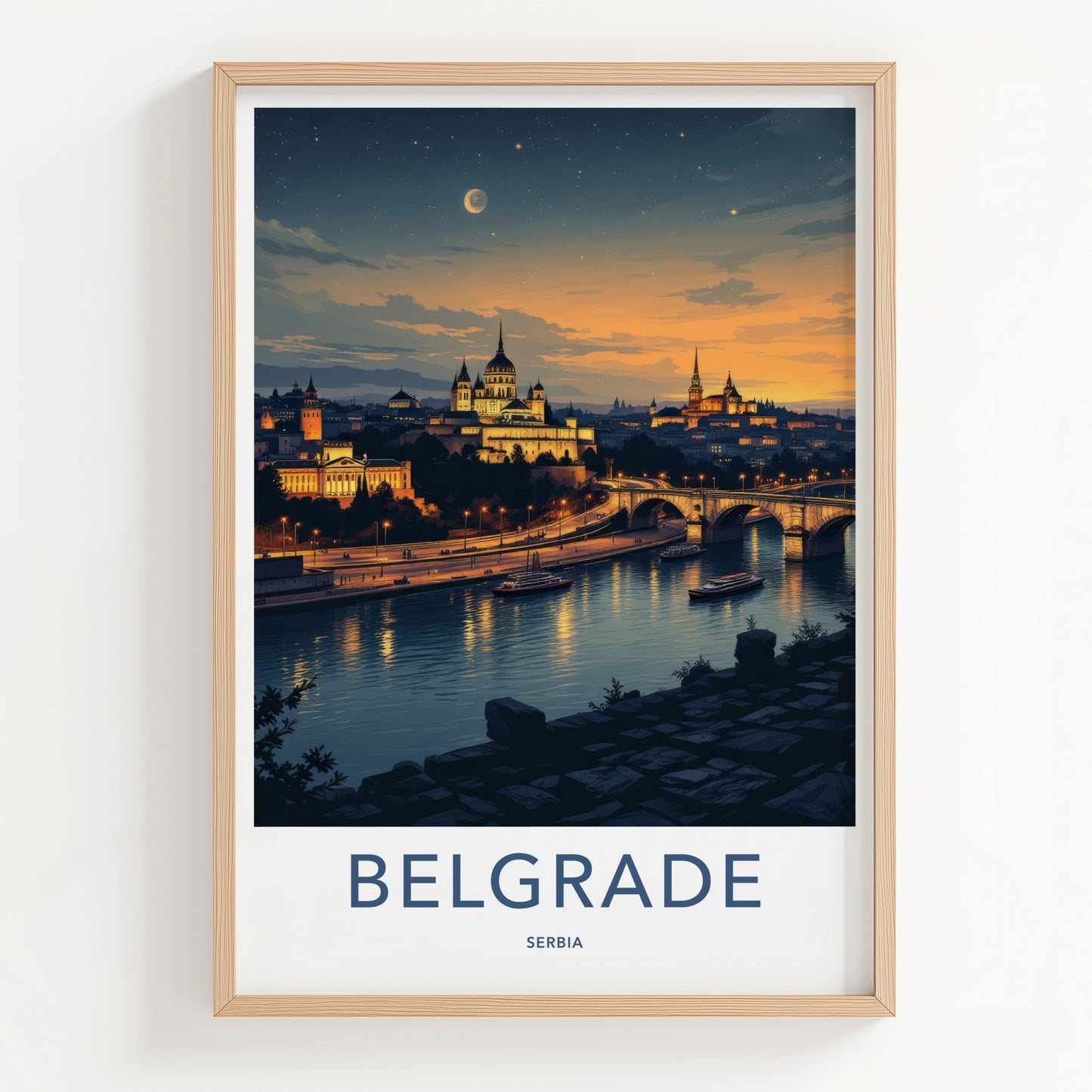 Belgrade Poster - Serbia Travel Art - Moonlit River City Wall Decor