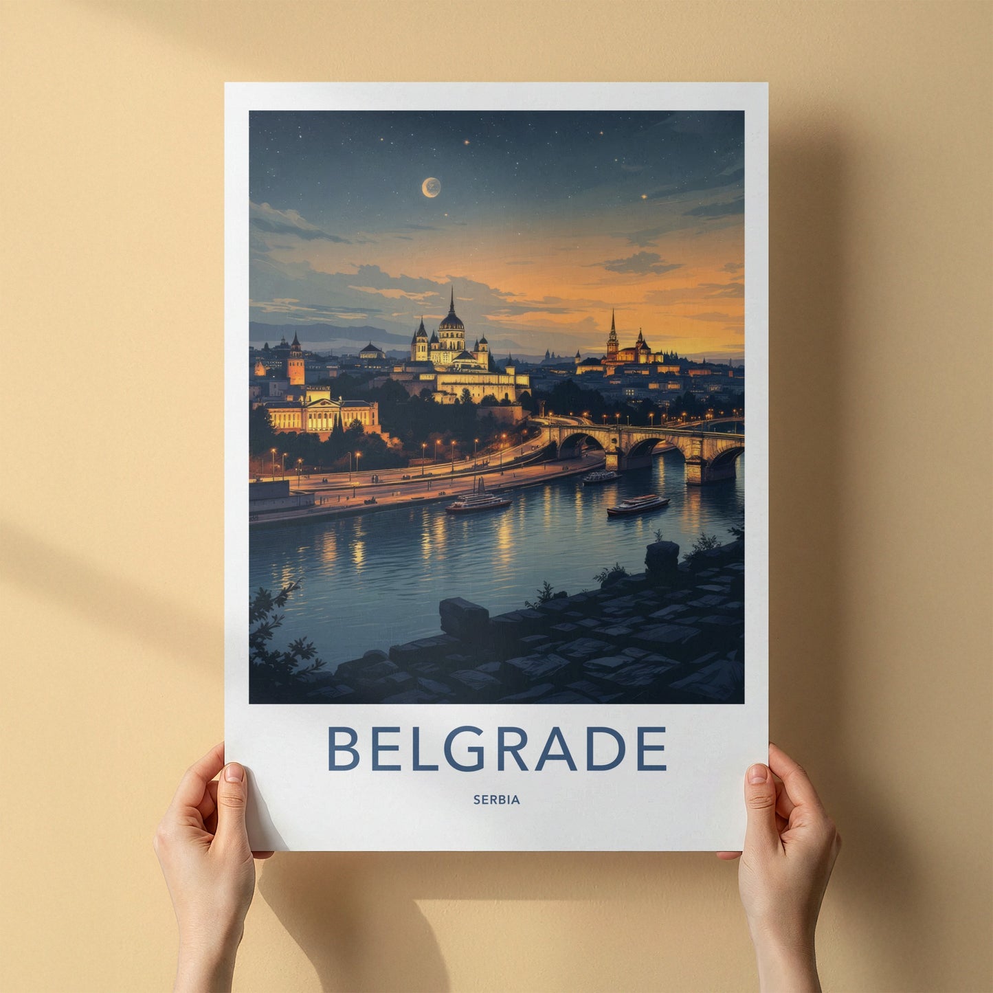 Belgrade Poster - Serbia Travel Art - Moonlit River City Wall Decor