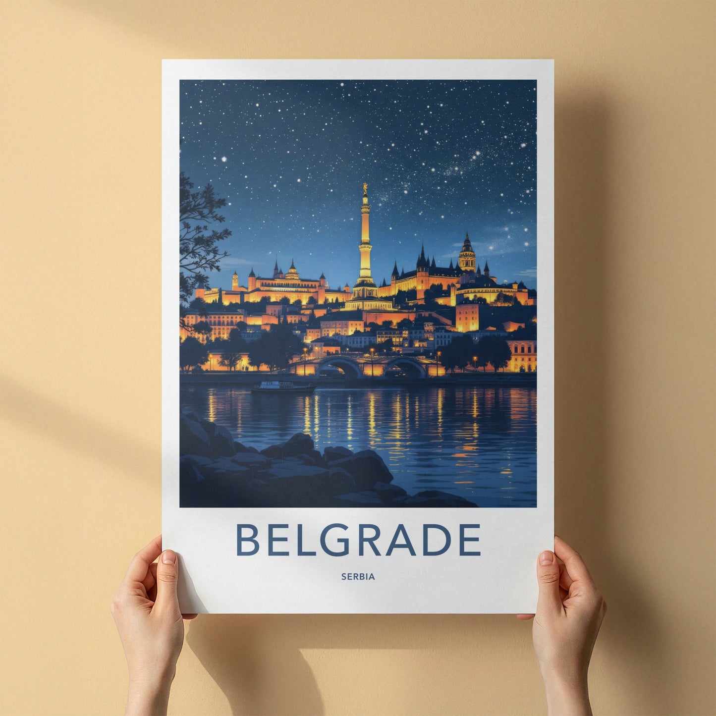 Belgrade Poster - Serbia Travel Print - Illuminated Riverside View Home Decor