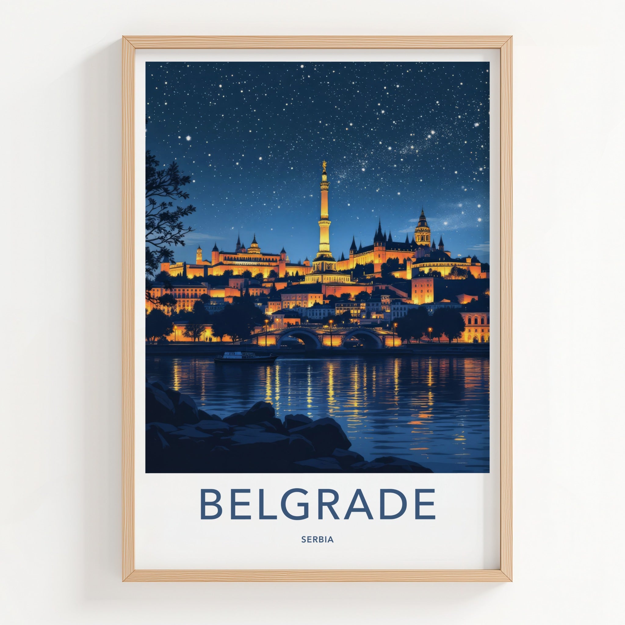 Belgrade Poster - Serbia Travel Print - Illuminated Riverside View Home Decor