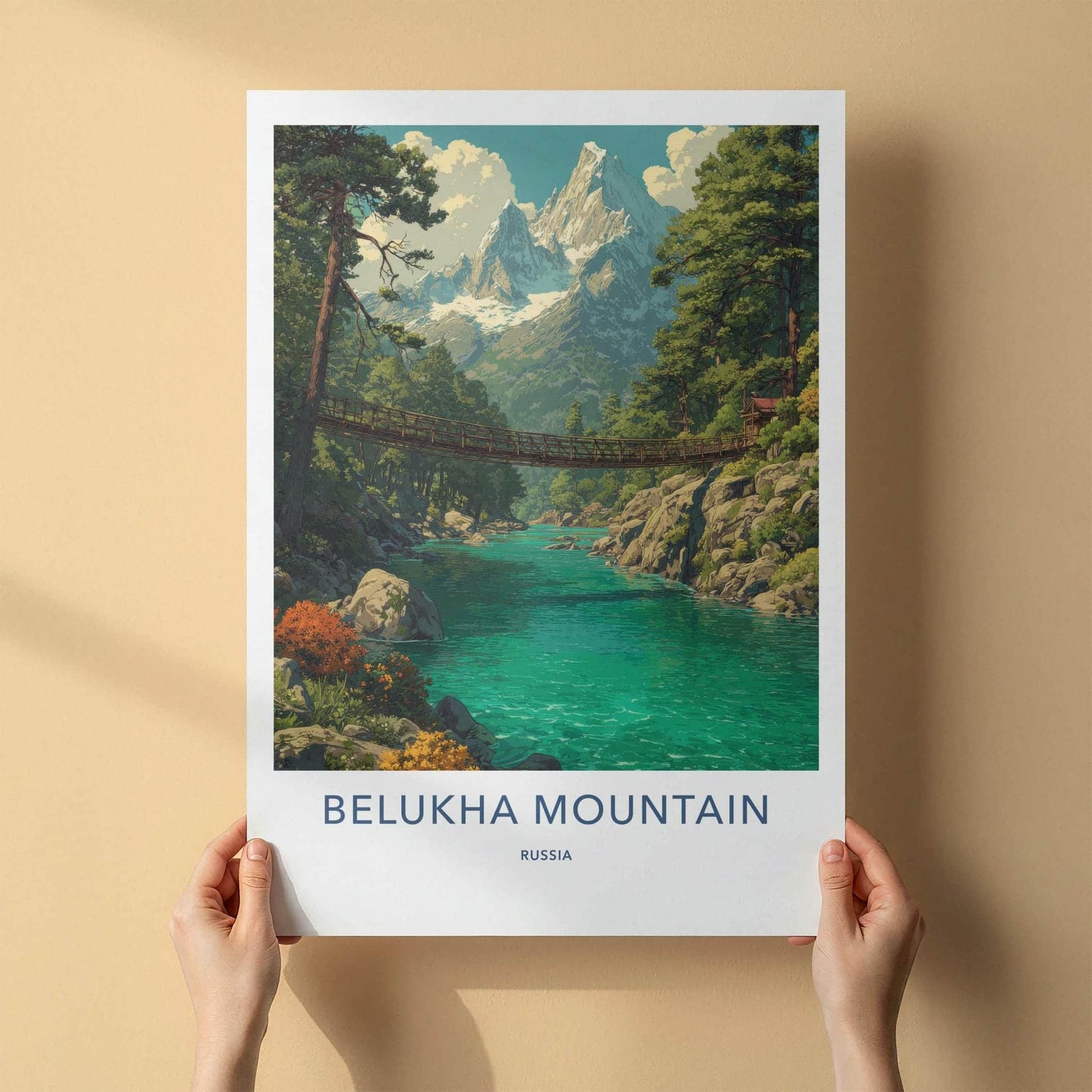 Belukha Mountain Poster - Russia Scenic Art - River Bridge Peaks Wall Decor