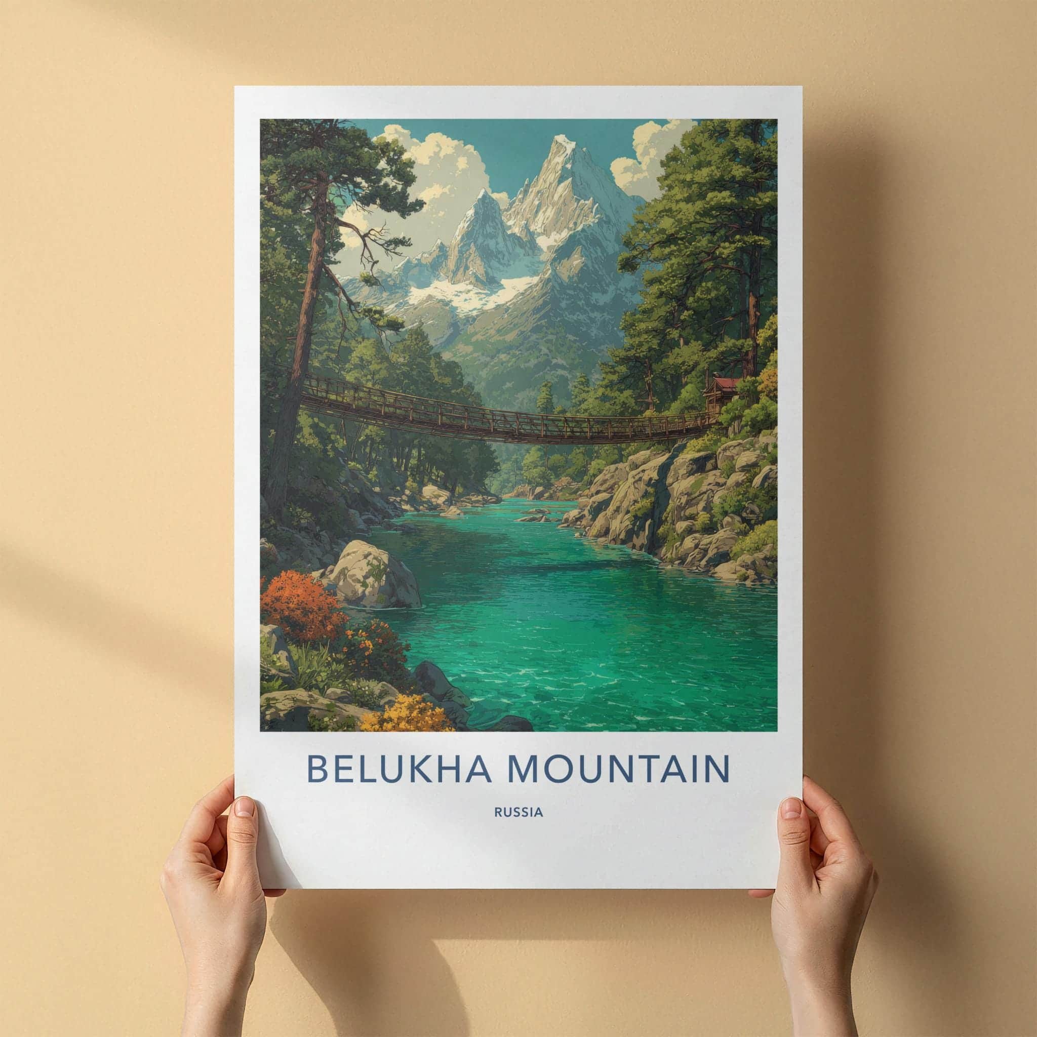Belukha Mountain Poster - Russia Scenic Art - River Bridge Peaks Wall Decor