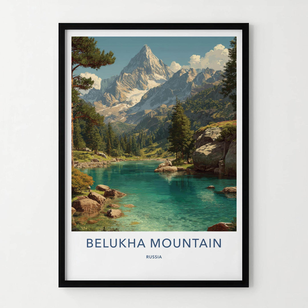 Belukha Mountain Poster - Russia Scenic Art - Snowy peak lake Home Decor