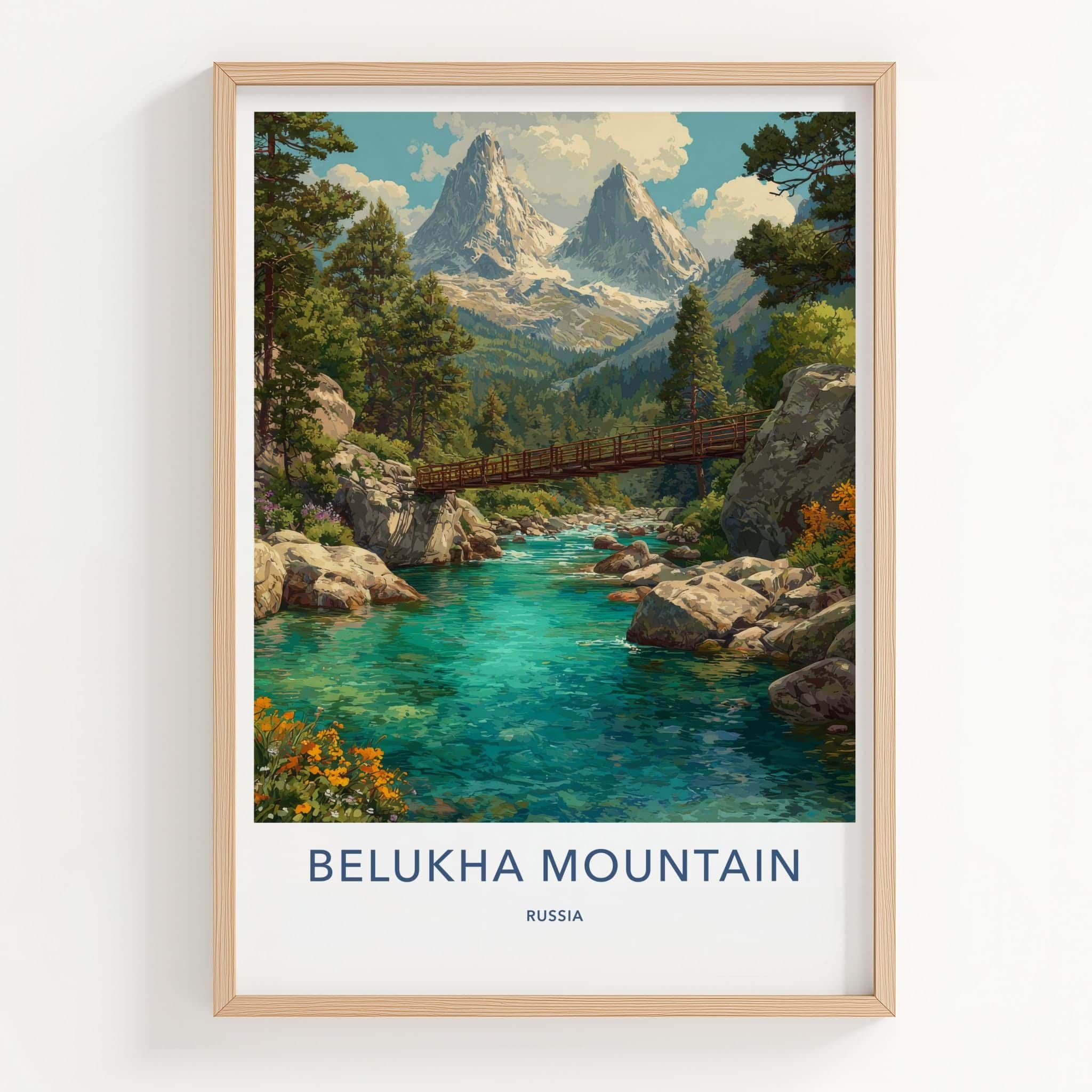 Belukha Mountain Poster - Russia Scenic Art - Turquoise River Bridge Wall Decor