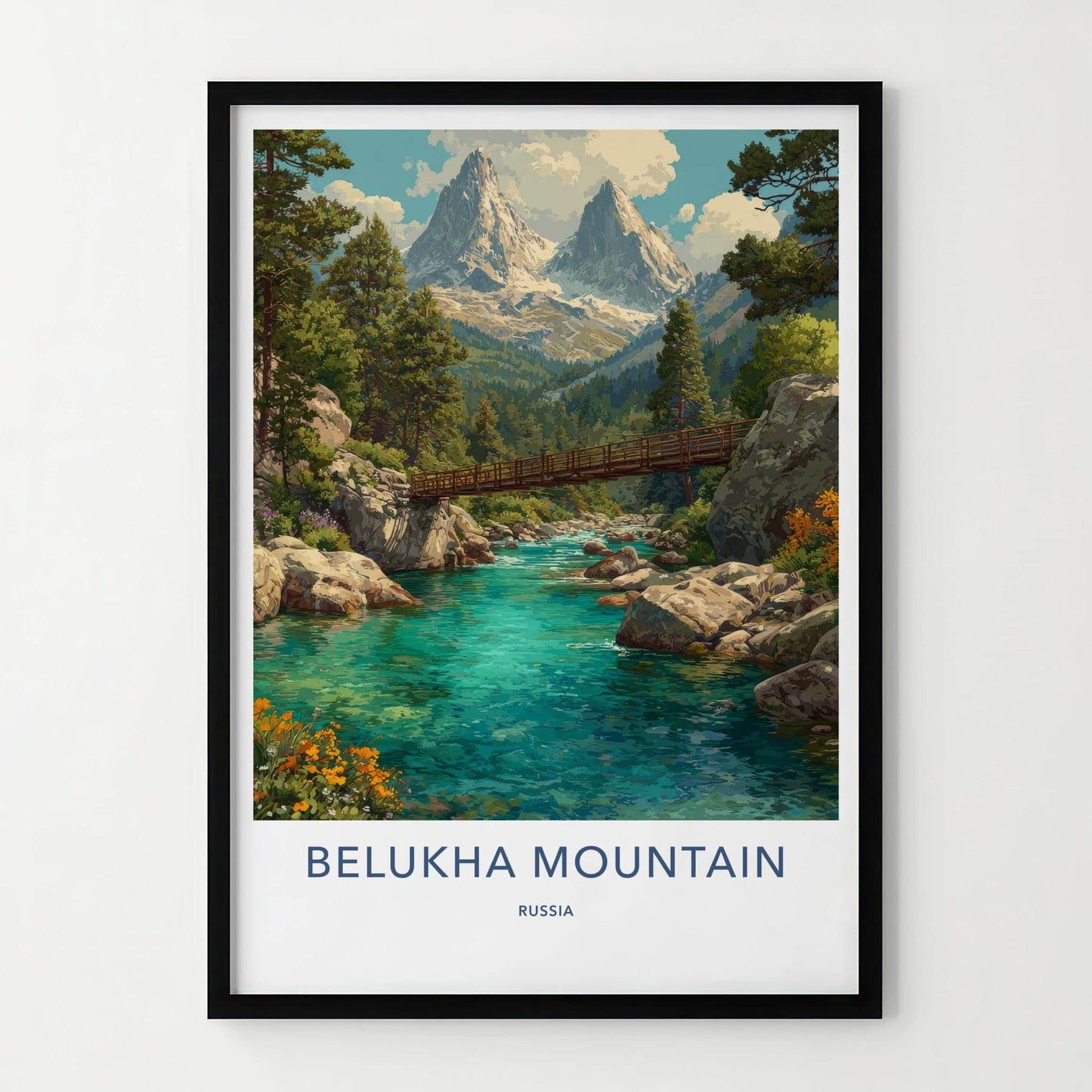 Belukha Mountain Poster - Russia Scenic Art - Turquoise River Bridge Wall Decor