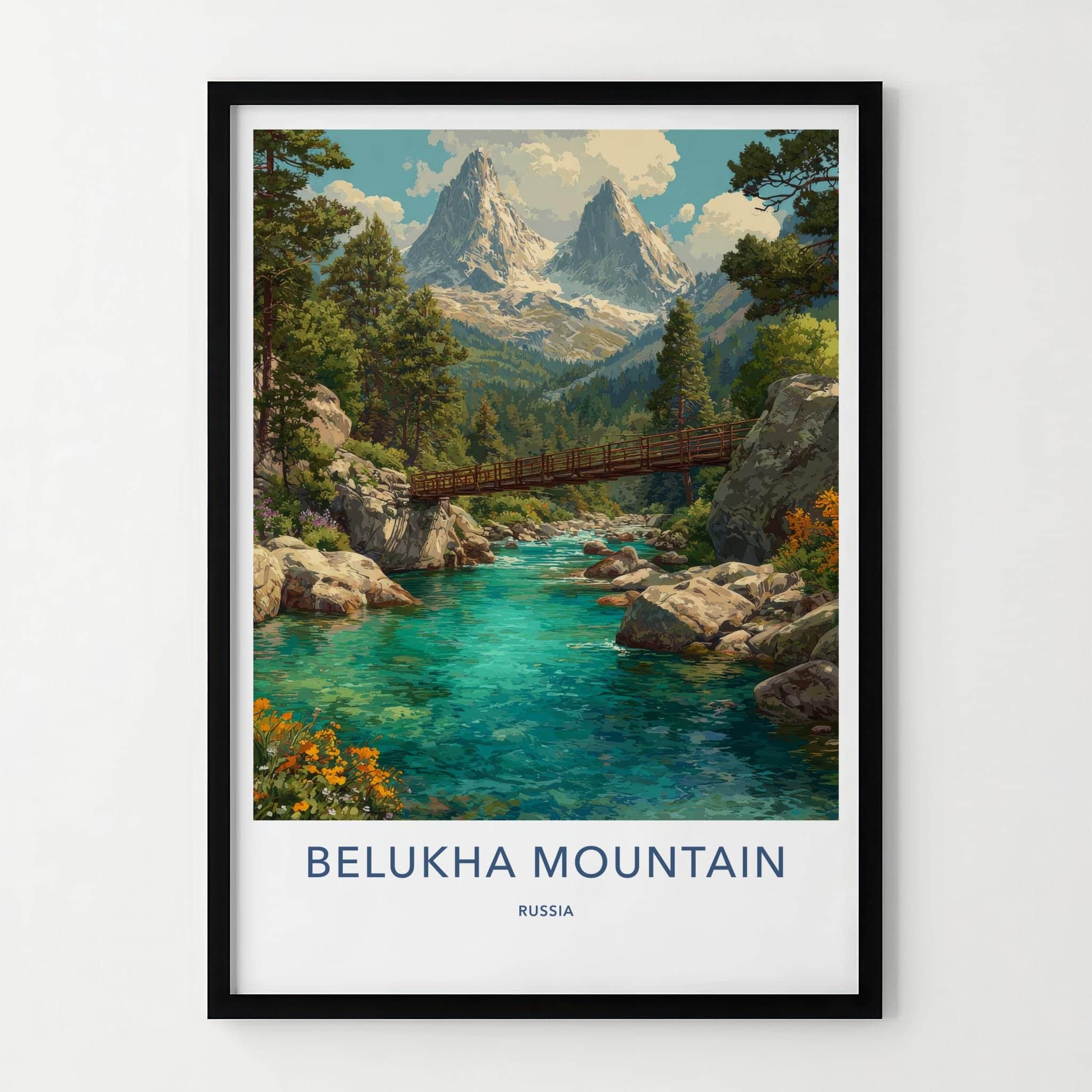 Belukha Mountain Poster - Russia Scenic Art - Turquoise River Bridge Wall Decor