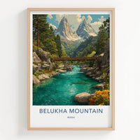 Belukha Mountain Poster - Russia Travel Art - Snowy peaks river Wall Decor