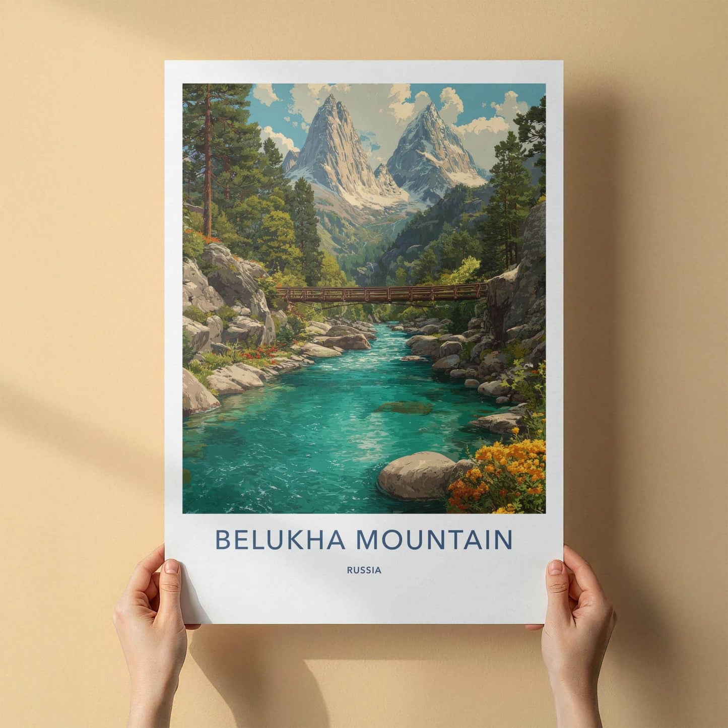 Belukha Mountain Poster - Russia Travel Art - Snowy peaks river Wall Decor