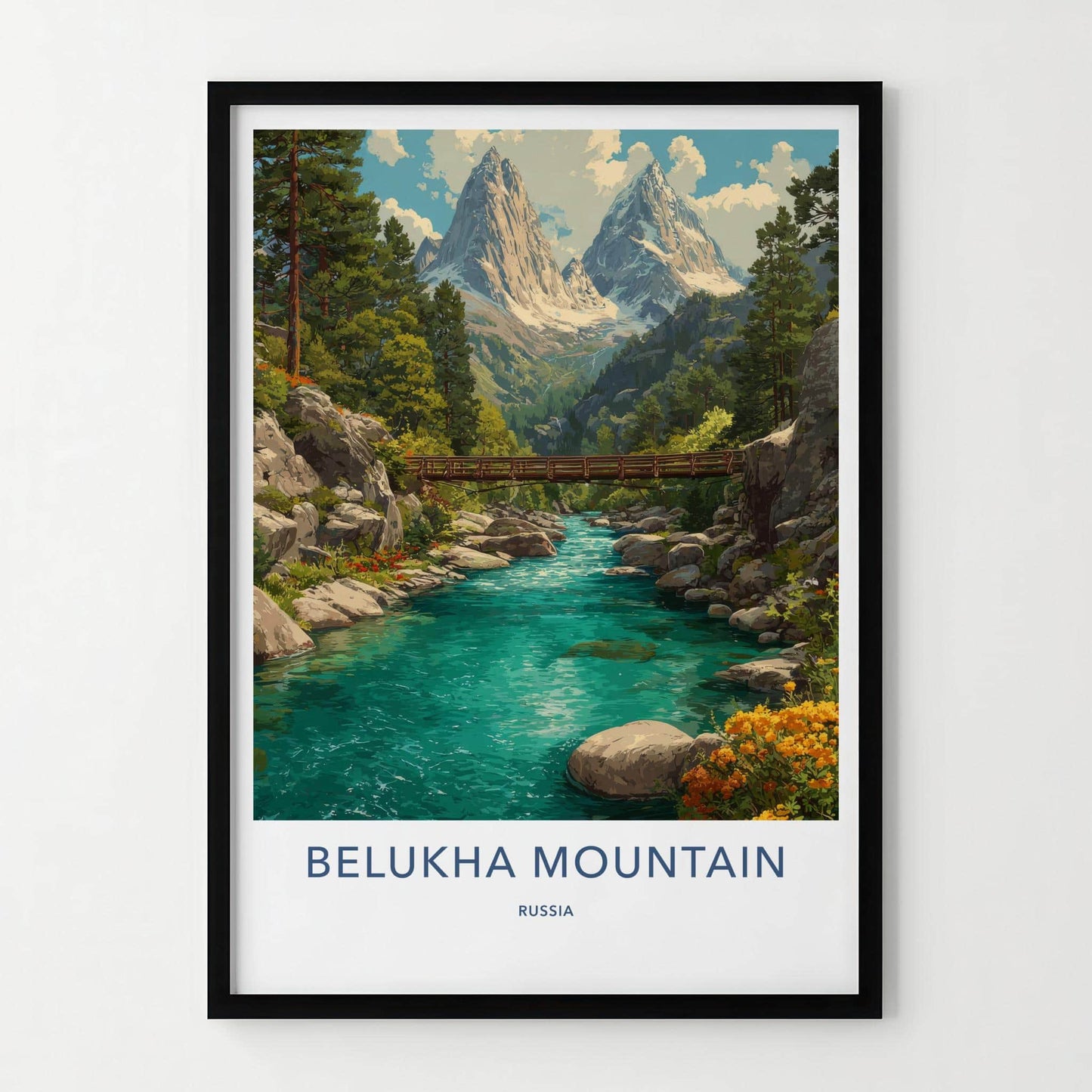 Belukha Mountain Poster - Russia Wall Art - Wooden Bridge River Home Decor