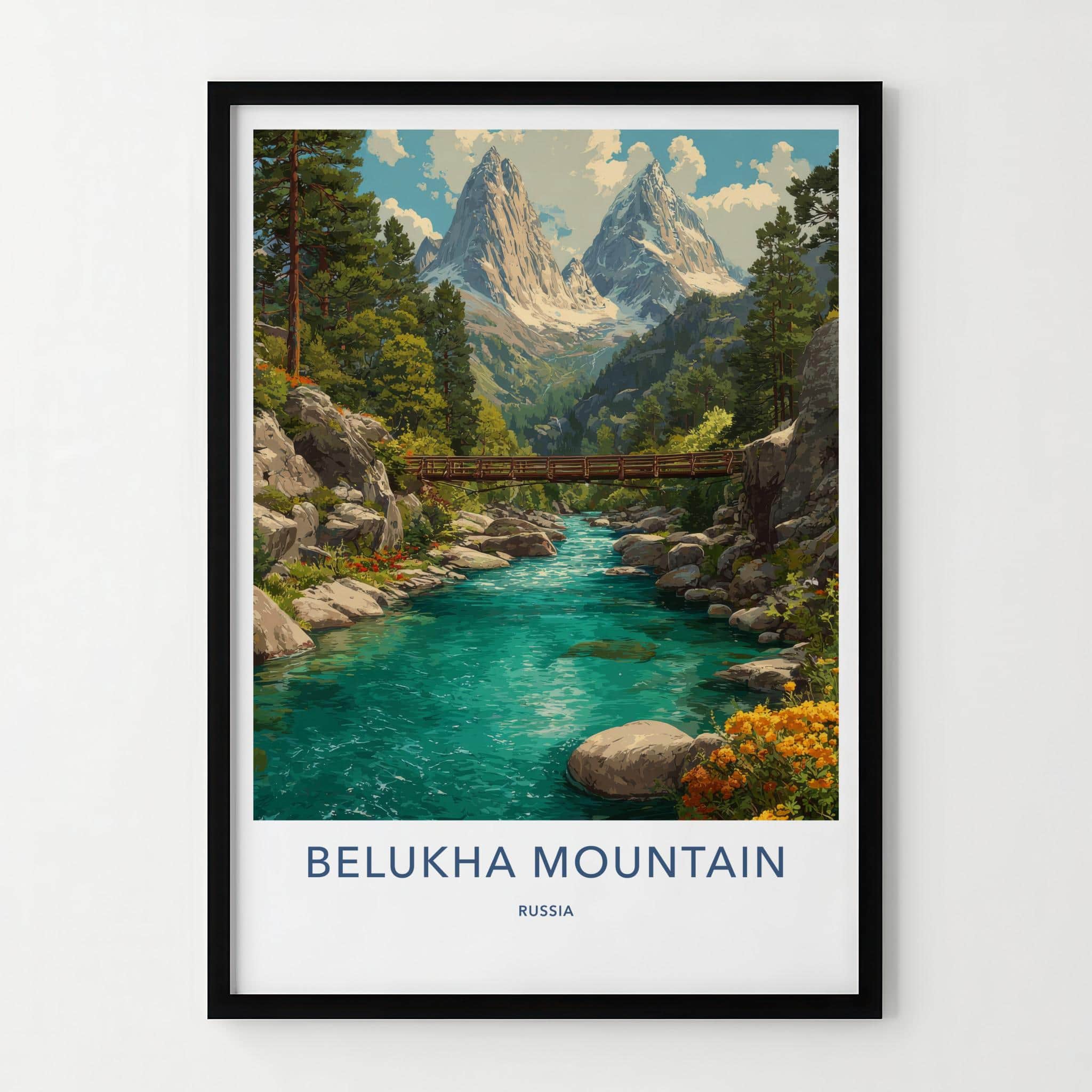Belukha Mountain Poster - Russia Wall Art - Wooden Bridge River Home Decor