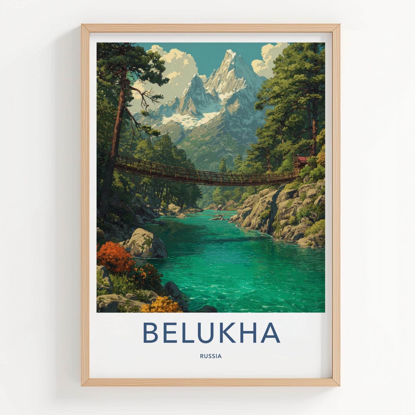 Belukha Poster - Russia Scenic Art - River Mountain Bridge Home Decor