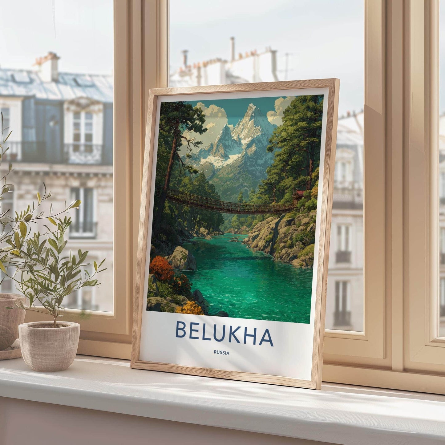 Belukha Poster - Russia Scenic Art - River Mountain Bridge Home Decor