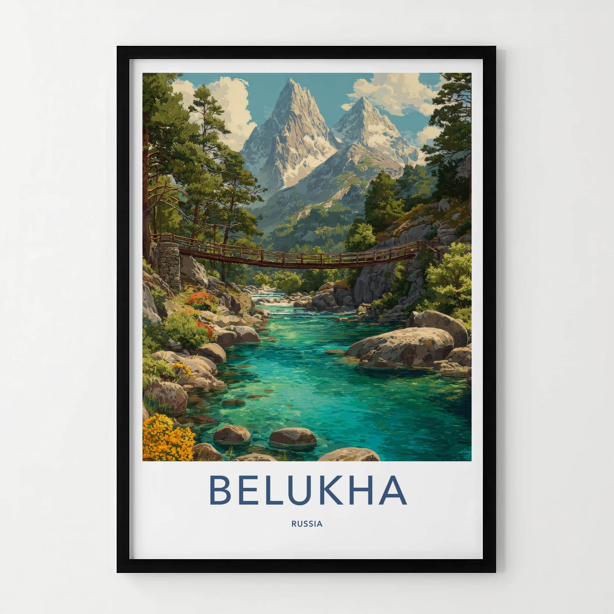 Belukha Poster - Russia Travel Art - Mountain River Bridge Wall Decor
