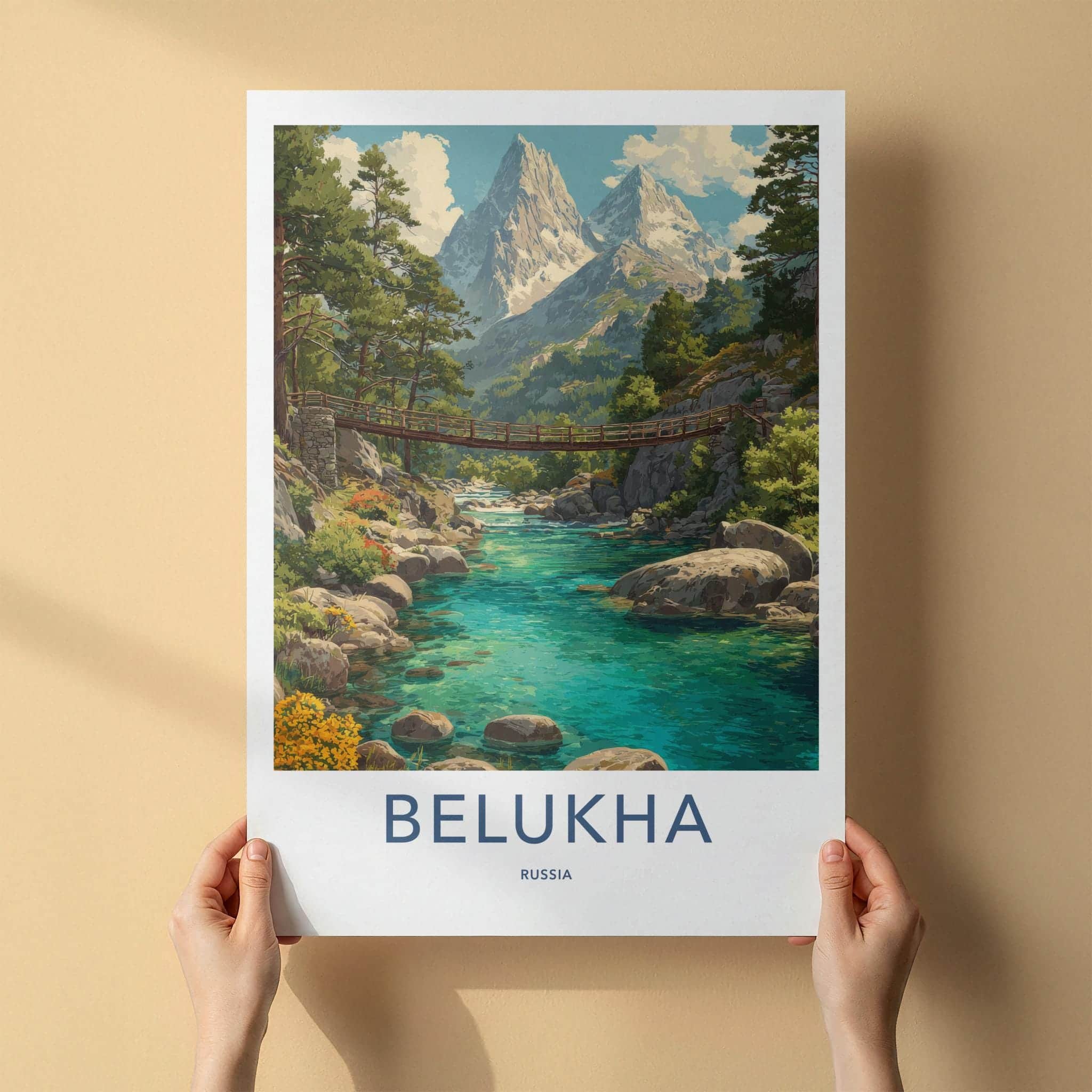 Belukha Poster - Russia Travel Art - Mountain River Bridge Wall Decor