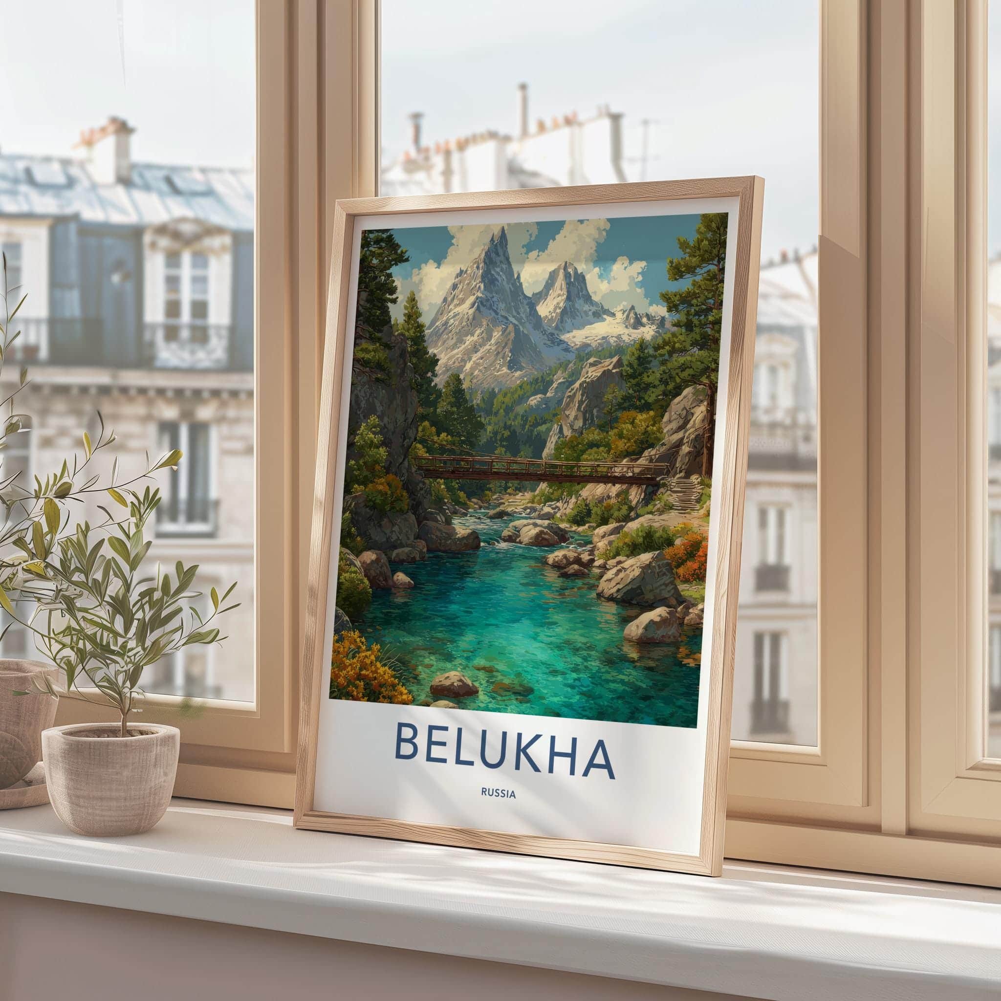 Belukha Poster - Russia Travel Art - Turquoise River Bridge Wall Decor
