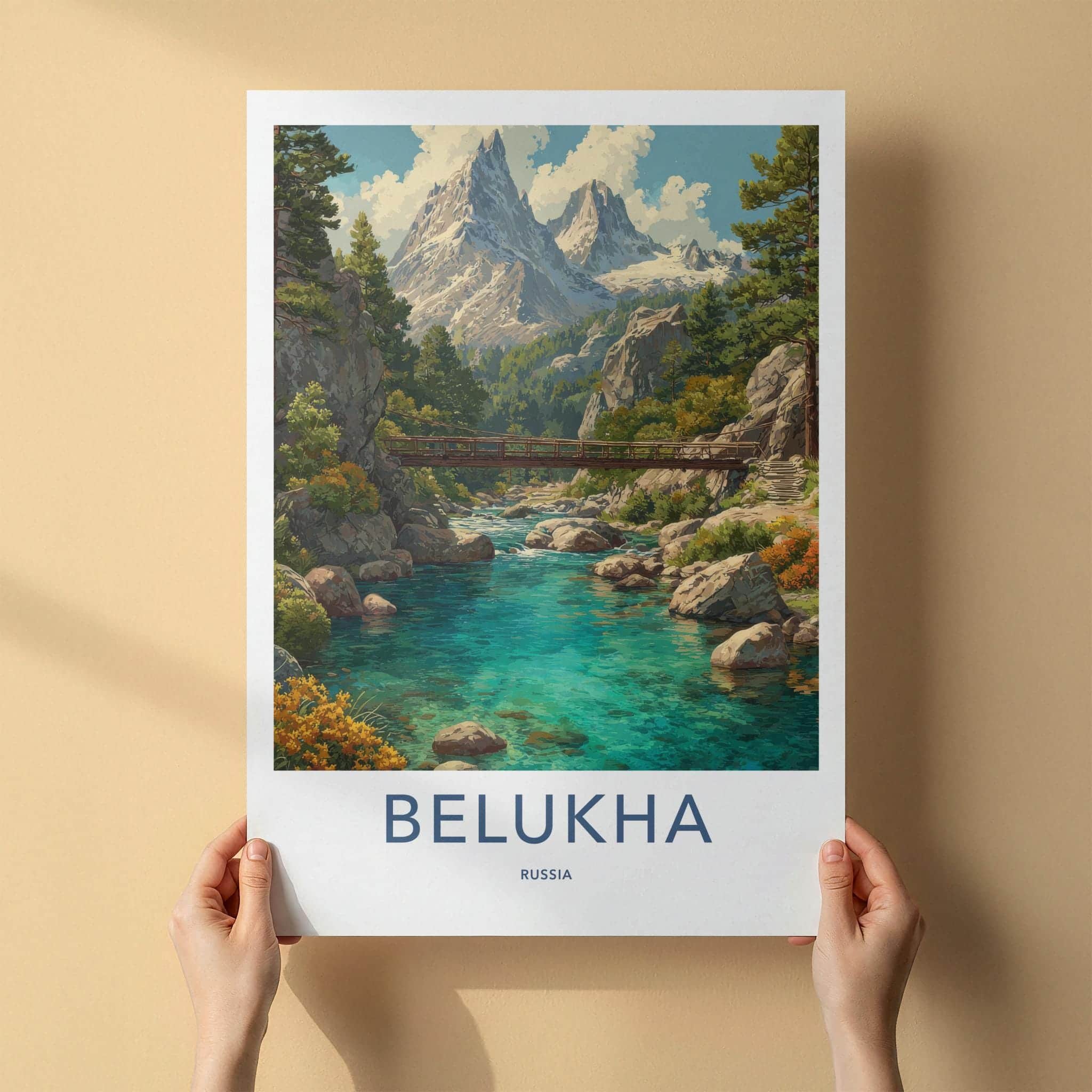 Belukha Poster - Russia Travel Art - Turquoise River Bridge Wall Decor