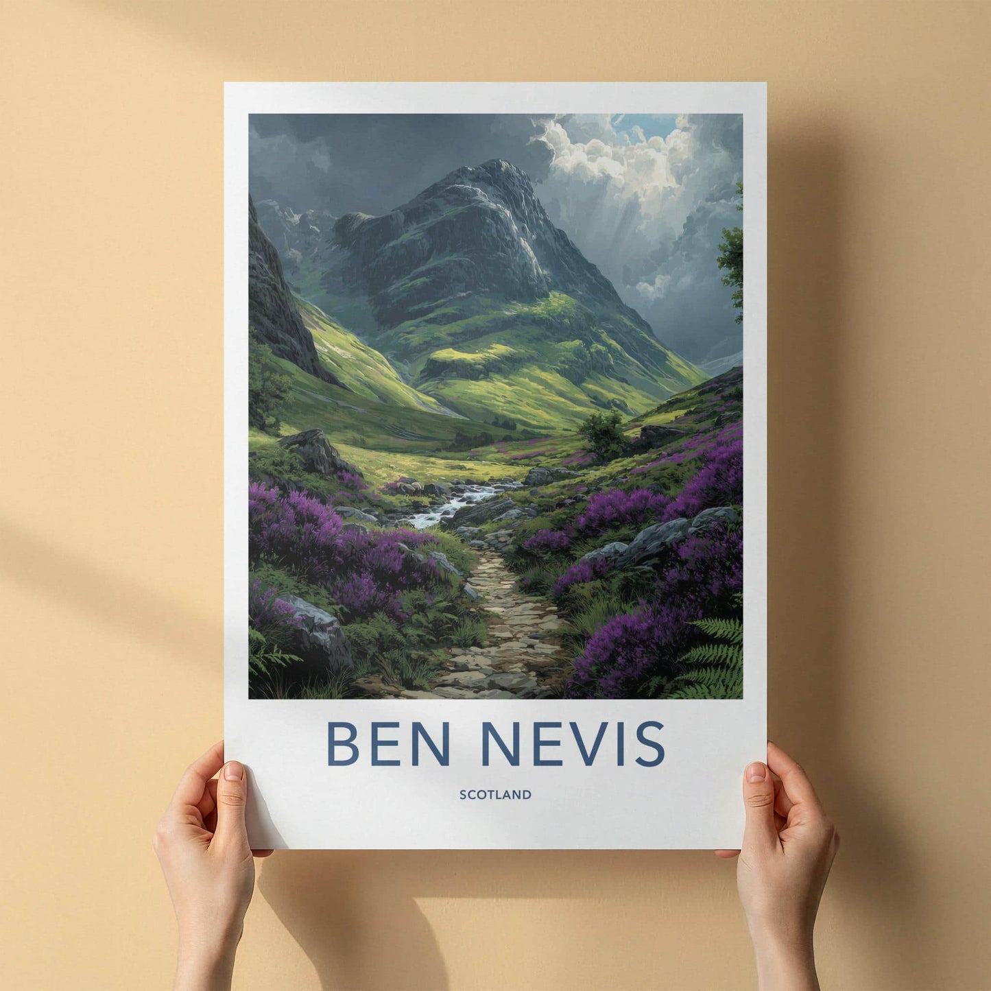 Ben Nevis Poster - Scotland Travel Art - Heather Mountain Path Wall Decor