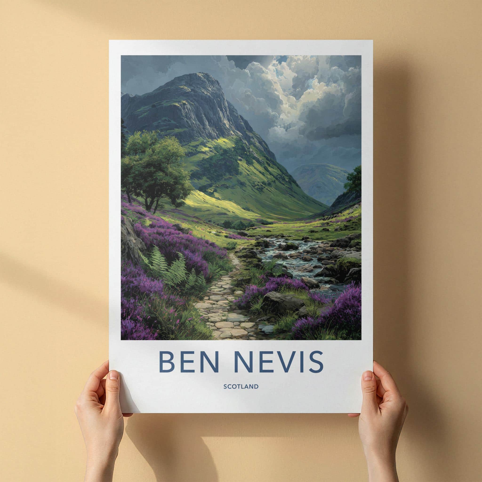Ben Nevis Poster - Scotland Travel Art - Heather Path Stream Wall Decor
