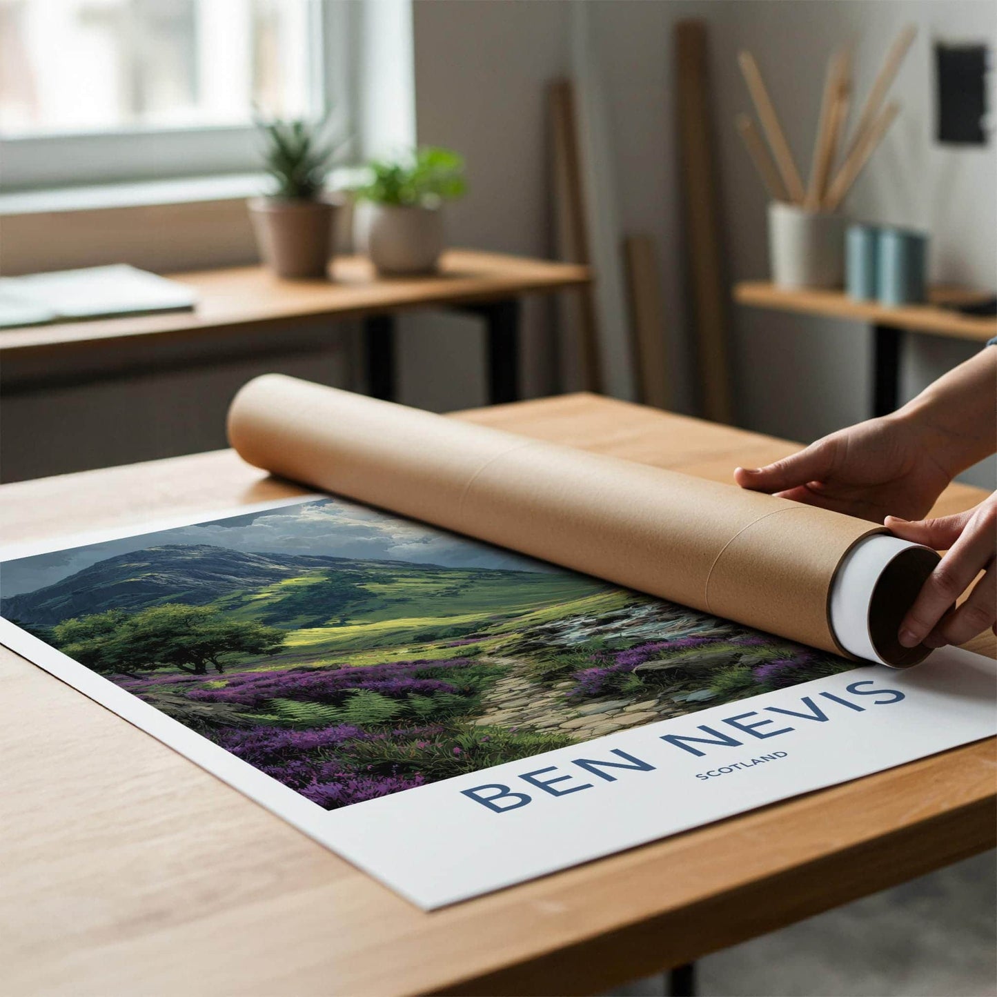 Ben Nevis Poster - Scotland Travel Art - Heather Path Stream Wall Decor