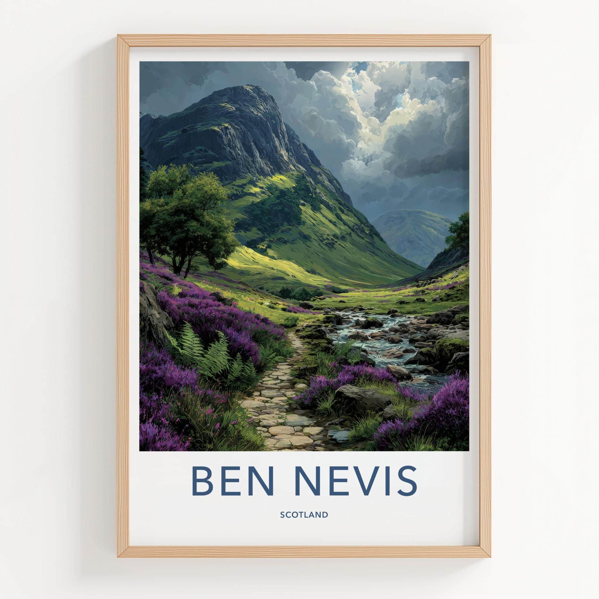 Ben Nevis Poster - Scotland Travel Art - Heather Path Stream Wall Decor