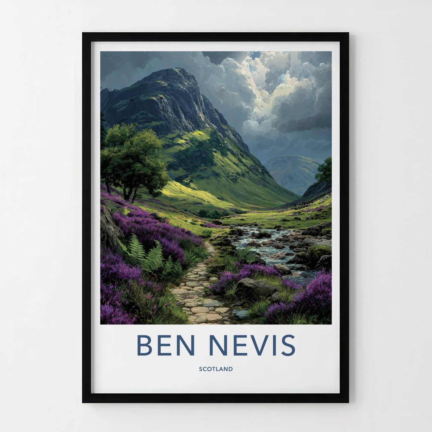 Ben Nevis Poster - Scotland Travel Art - Heather Path Stream Wall Decor